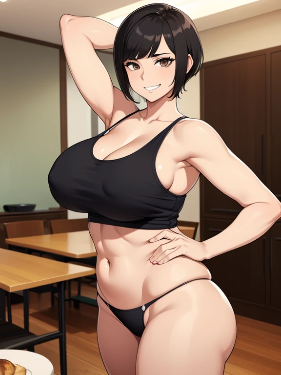 sexy woman, mature milf, huge breasts, large breasts, curvy, voluptuous, black hair (side bangs), brown eyes, tomboy pixie cut hairstyle, tanktop (neckline, navel and stomach), thong, grinning, dynamic pose, solo focus, dinning room, house interior, indoor