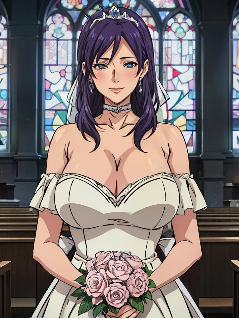 Standing, both hands grabbing flowers, Off-the-shoulder white wedding dress, choker, silver tiara, necklace, earrings, inside church background, stained glass, NonoharaMikako, milf, anime cels style, best quality, high resolution, 1girl, (huge breasts:1.2), beautiful face, looking at viewer, blush, light smile, purple hair, long hair, red lipstick, makeup, blue eyes, perfect eyes, detailed eyes, detailed hair, hair ribbon, cowboy shot