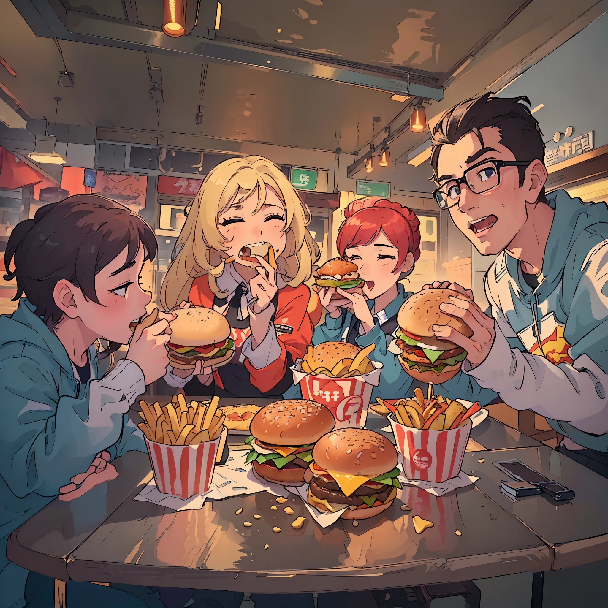 左に口を開けてEating a hamburger子供, Four people are eating burgers and fries at a table, Anime Food, everyone, Great food illustrations, Eating a hamburger, Serve burgers, Fast food, Diner Background, Background artwork, Fast food review, Mukbang, Diner Food, operating on burgers