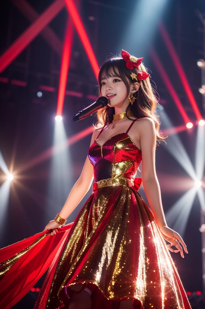 Popular idol concert,Wearing idol costumes:luxurious costume:red and gold and white,Sparkling,sequins,lame,ribbon,hair ornaments,sparkle,Background of the concert venue,Concert venue lighting,beautiful light and shadow, Second time&#39;Tzuyu, young and cute idol,, cowboy shot, medium long,Refreshing young Japanese woman, cute idol sculpture, 🚿🗝📝, young idol, young slender idol, smile, nffsw, table top, award-winning, 8k, highest quality, smile refreshingly, Haruka Ayase, Assist々Kiki, Kana Hashimoto, Mai Shiraishi, Nishino Nanase, Mei Watanabe, Yuki Yoda, Assist々xylophone, Aoi Miyazaki, Yuko Takeuchi, Yuki Uchida, Suzu Hirose, Aya Ueto, award-winning, nffsw, table top,, japanese model, Realistic young idol, anatomically correct, In 8K