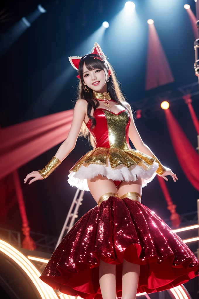 Popular idol concert,Wearing idol costumes:luxurious costume:red and gold and white,Sparkling,sequins,lame,ribbon,hair ornaments,sparkle,Background of the concert venue,Concert venue lighting,beautiful light and shadow, Second time'Tzuyu, young and cute idol,, cowboy shot, medium long,Refreshing young Japanese woman, cute idol sculpture, 🚿🗝📝, young idol, young slender idol, smile, nffsw, table top, award-winning, 8k, highest quality, smile refreshingly, Haruka Ayase, Assist々Kiki, Kana Hashimoto, Mai Shiraishi, Nishino Nanase, Mei Watanabe, Yuki Yoda, Assist々xylophone, Aoi Miyazaki, Yuko Takeuchi, Yuki Uchida, Suzu Hirose, Aya Ueto, award-winning, nffsw, table top,, japanese model, Realistic young idol, anatomically correct, In 8K