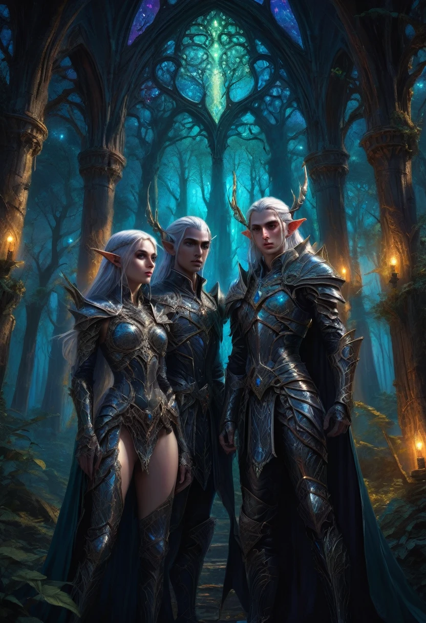 a dark fantasy scene with a love triangle between two detailed high elves (male and female) and one dark male dark elf, extremely detailed eyes and faces, detailed intricate elven armor, ornate magical elven architecture, lush fantasy forest, glowing magical lights, dramatic lighting, cinematic composition, dark fantasy art style, vibrant colors, epic scale