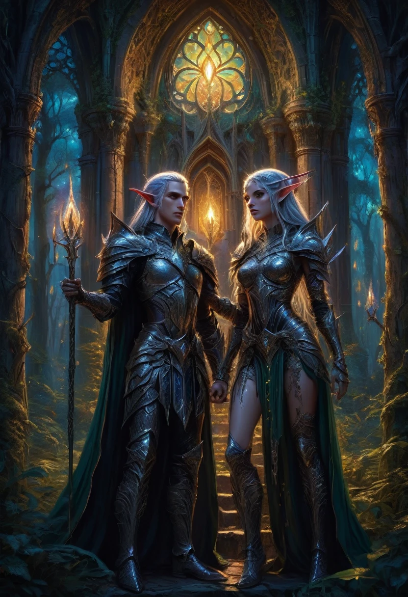 a dark fantasy scene with a love triangle between two detailed high elves (male and female) and one dark male dark elf, extremely detailed eyes and faces, detailed intricate elven armor, ornate magical elven architecture, lush fantasy forest, glowing magical lights, dramatic lighting, cinematic composition, dark fantasy art style, vibrant colors, epic scale