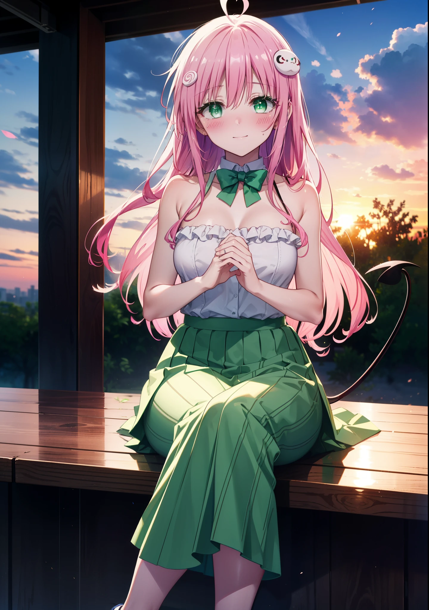 Laradevi Luke, Lara Deviluke, Long Hair, Pink Hair, tail, Ahoge, bangs, hair ornaments, (Green Eyes:1.5), smile,blush,
break demon tail, Cordo shoulder top,Long skirt,Stiletto heels,The sun is setting,Sunset,evening,Sitting on the steps in the park,whole bodyがイラストに入るように,
break outdoors, 公園
break looking at viewer, whole body,
break (masterpiece:1.2), highest quality, High resolution, unity 8k wallpaper, (shape:0.8), (beautiful detailed eyes:1.6), extremely detailed face, Perfect lighting, extremely detailed CG, (Perfect hands, Perfect Anatomy),