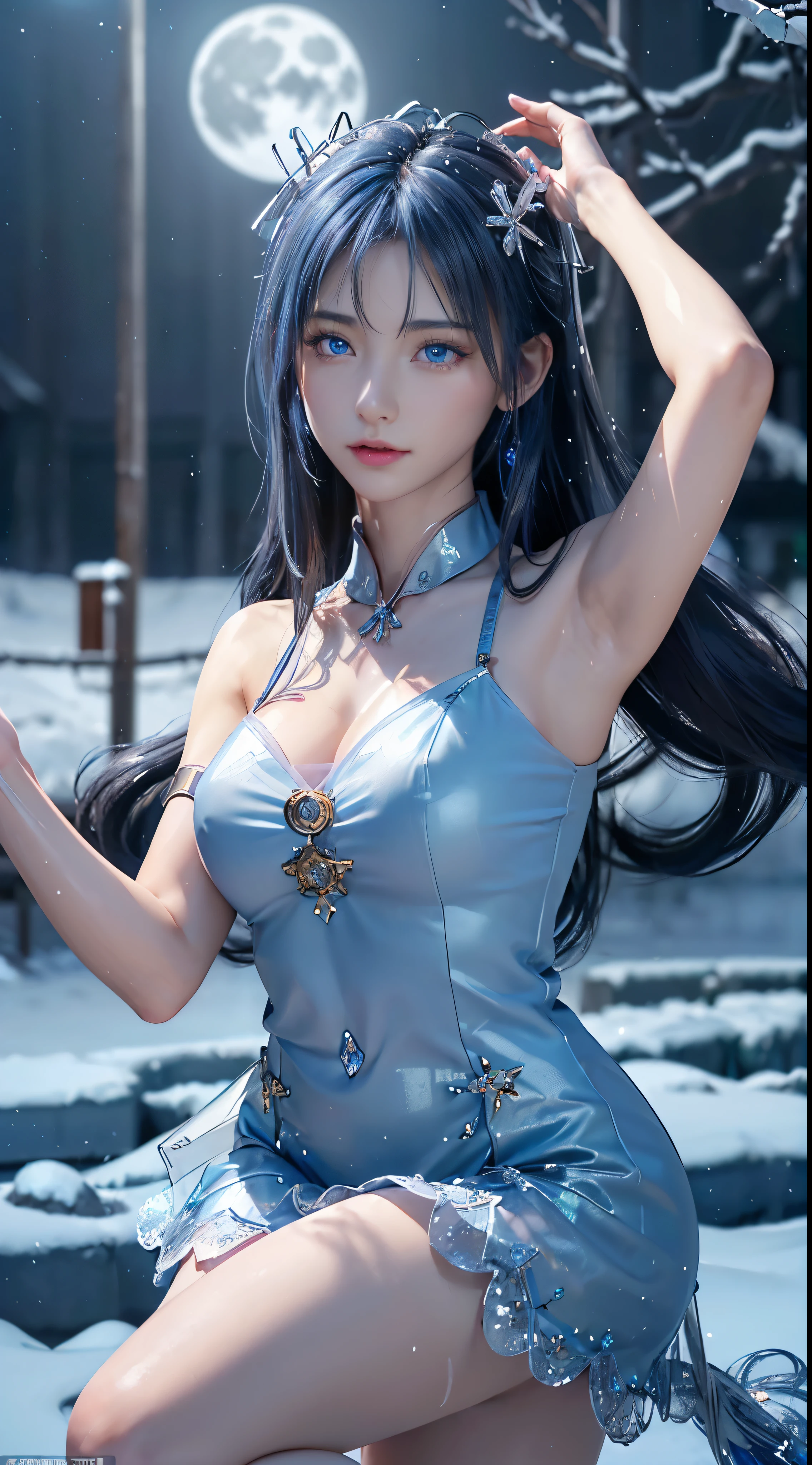 (logo, masterpiece, 8k, Tabletop, RAW Photos, wonderful, 最high quality, Photorealistic and hVery detailed CG integrated 8k wallpaper, high quality, Very detailed, Narrative poem, Particle Effects, Dynamic Effects, Written boundary depth, Cinematic Light, Lens flare, Ray Tracing)), Fantasy, ((1. Beautiful Women, Clear blue eyes, 赤いLong Hair, Beautiful Face, True Face, Beautiful fine details, Beautiful Skin, Graceful dancing woman:1.7, Graceful dancing woman:1.7)), Long red hair fluttering in the wind, Long red hair bouncing, Long red hair dancing in the wind, Hair bounces, jewelry, tattoo, Hanfu, Chinese Fairy, Taoist Uniform, Silver earrings, ((night, Wind, darkness, full moon, Night Sky, Snow and Frost, A very cold winter day, Snow Capped Mountainや森, Frost, Snow Capped Mountain々, Frost covered tree々The beauty and brilliance of, The tranquility and beauty of a world of ice and snow)), Hip Up, Beautiful Eyes, Long Hair, Ring-shaped eyes