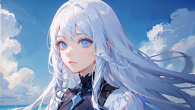 A woman with white hair and blue eyes