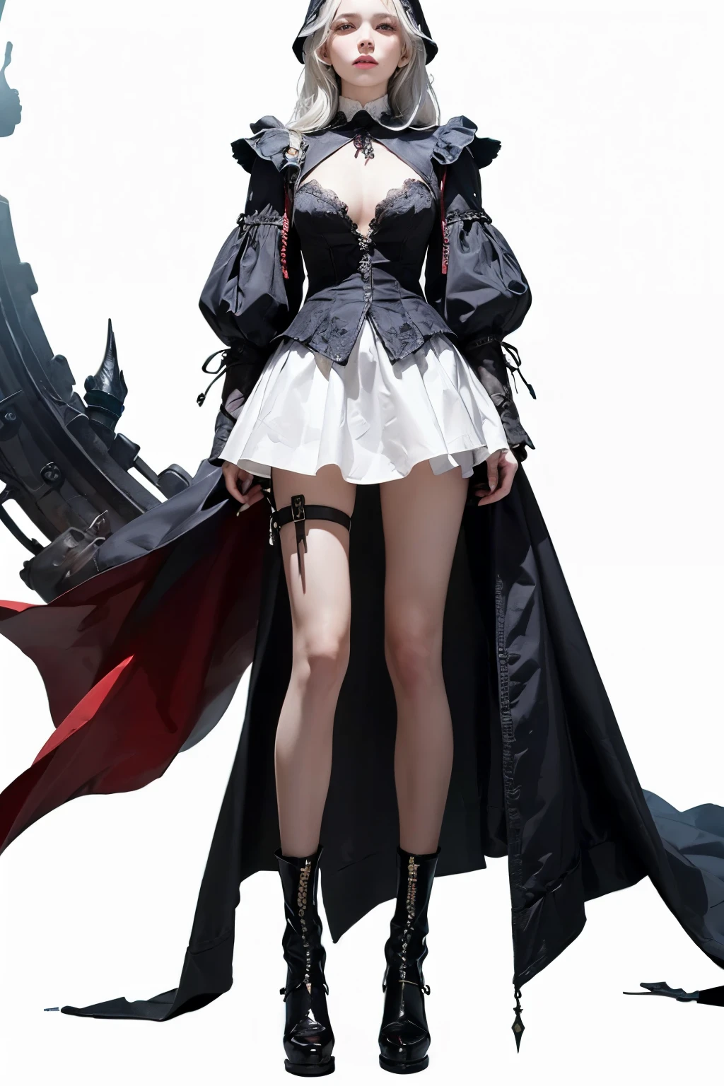 mpts
Copy
(((masutepiece, of the highest quality, super detailed))), hand drawn style, hand painted style, watercolour, sketch, a knight, white background, plain background, Bloodborne inspired, tatty Bloodborne attire, occult aesthetic, occult, tatty red and white clothing detailed and intricate steampunk and detailed gothic lolita (with a hood), diadems, long coat, very thin long legs, Complex mechanical boots above the knee, Fluttering lace flared long dress with frilly petticoats, beautiful small breasts directed upwards, (((( Highly detailed face))), small thin nose, Small thin lips mouth, (((Very sharp focused eyes))), Very large slit precision pale grey eyes that shine like jewels. very long eyelashes, Silver hair swaying in the wind, Emitting a dazzling light in a mandala pattern, white background, Very dramatic and cinematic lighting, tatty damaged old red and white clothing, full body, whole body, body, cosmic horror, grim dark