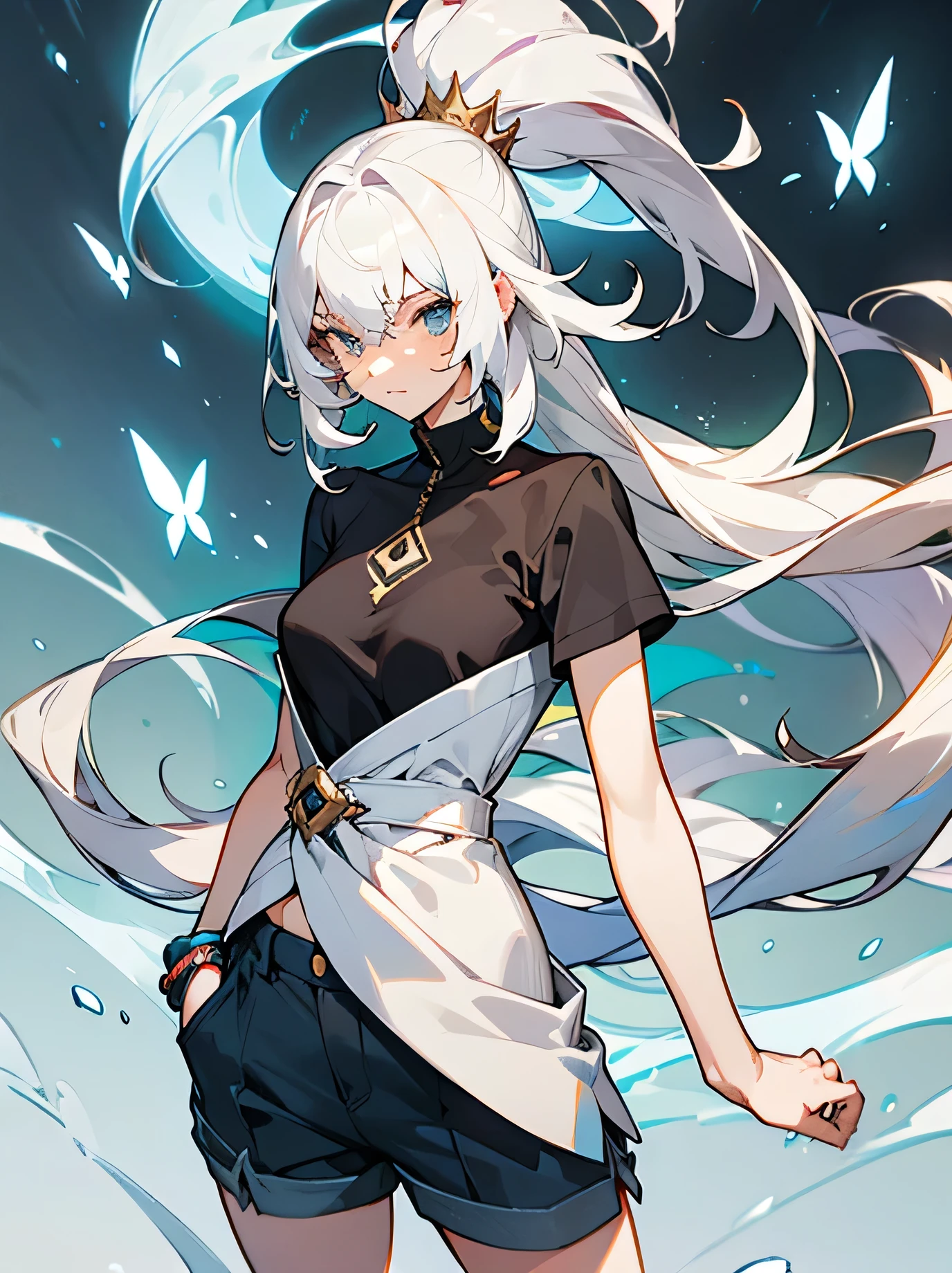 White hair，Beauty，High School Students，Handsome，High cold queen，whole body，detail，good body shape，beauty，Long fluttering hair，Waist-length hair，slim，Good shape，Casual wear，shorts，HD