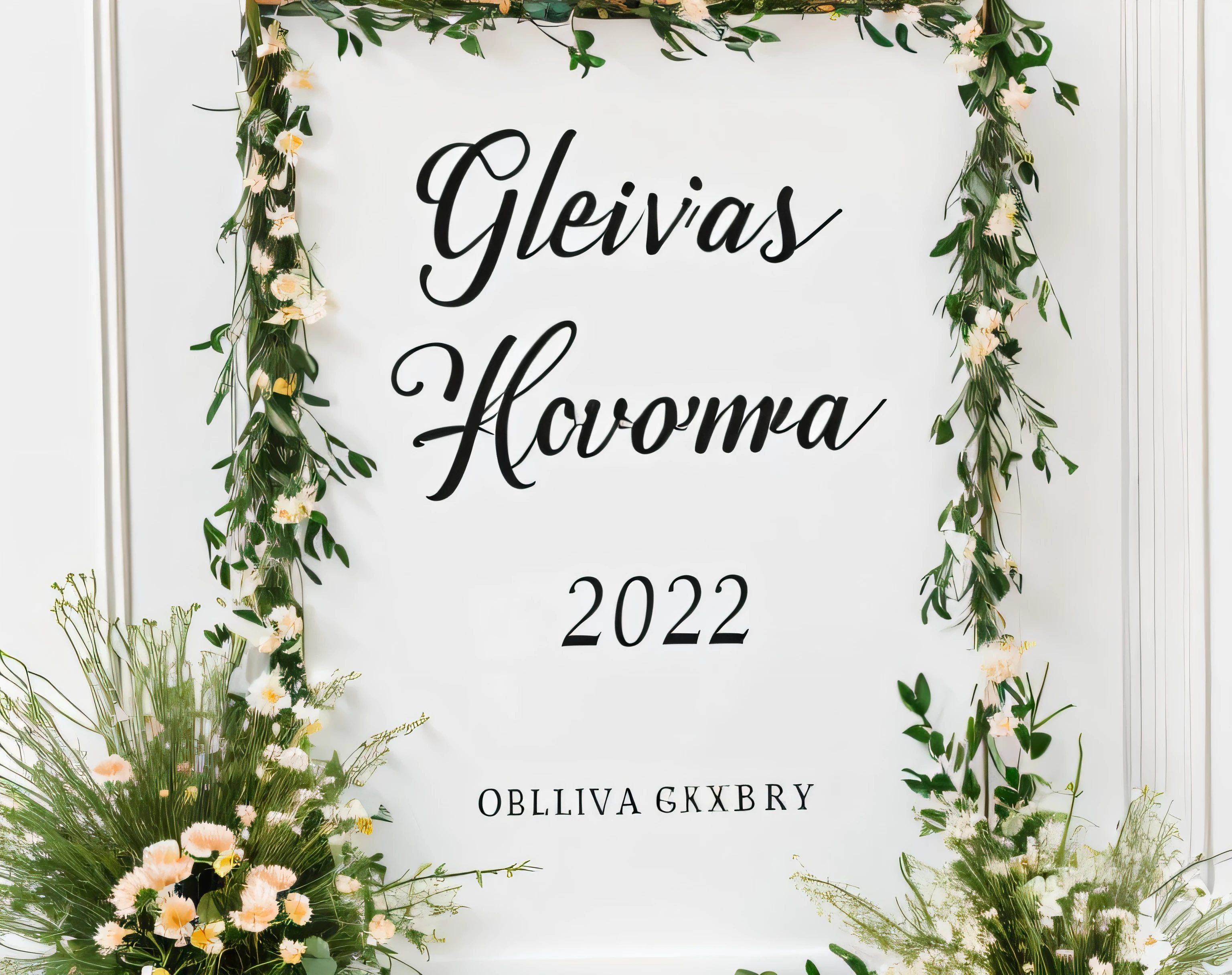 Close up of a sign with flowers and greenery, John shouted, Olivia, Where is the canvas?, 2 0 2 2, 2022, background, And you gradually fade away, Inspired by Thomas Wake, Olivia kemp, white font on black canvas, 2 0 2 3, 2023, Artist unknown