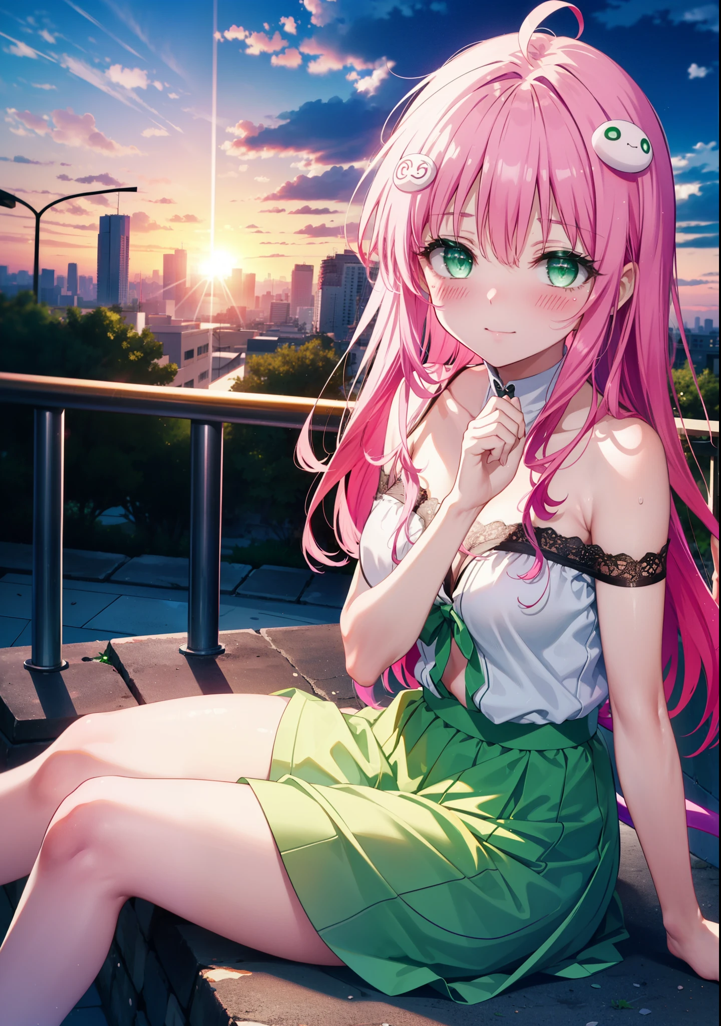Laradevi Luke, Lara Deviluke, Long Hair, Pink Hair, tail, Ahoge, bangs, hair ornaments, (Green Eyes:1.5), smile,blush,Big Breasts,
break demon tail, Cordo shoulder top,Long skirt,Stiletto heels,The sun is setting,Sunset,evening,Sitting on the steps in the park,whole bodyがイラストに入るように,
break outdoors, 公園
break looking at viewer, whole body,
break (masterpiece:1.2), highest quality, High resolution, unity 8k wallpaper, (shape:0.8), (beautiful detailed eyes:1.6), extremely detailed face, Perfect lighting, extremely detailed CG, (Perfect hands, Perfect Anatomy),