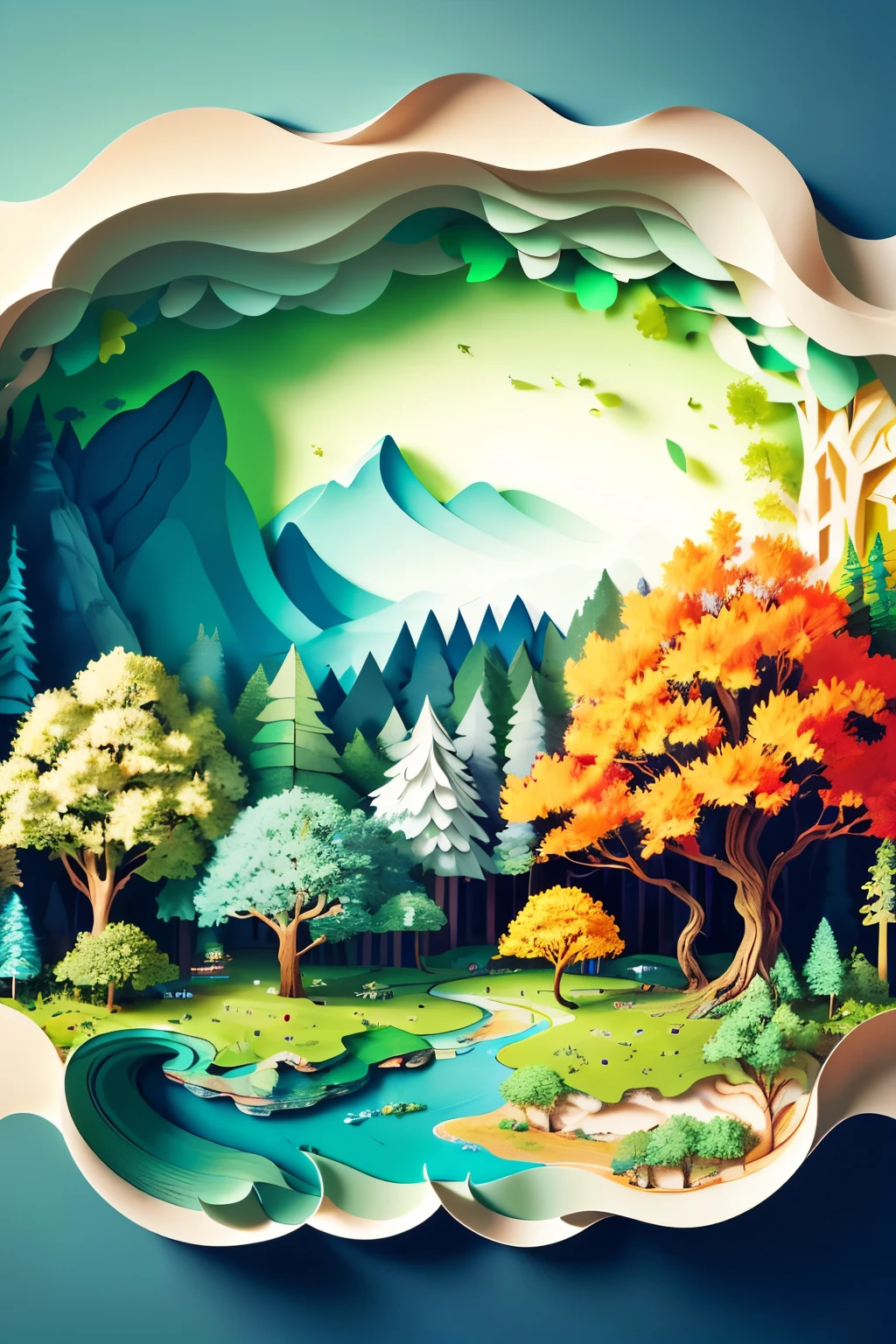 Create a 2000x3000 pixels, isometric landscape image comprising a harmonious blend of multiple ecosystems. Given that it will serve as a login page backdrop, ensure the artwork comes from the edges, allowing room for a central pop-up element.

Incorporate the following elements to create a vibrant and immersive scene:

1. Forest: Partially obscured by rich, green foliage, a mystical forest teems with grand, ancient trees reaching towards the sky. The leaves glow with highlights of #286fb5, creating a magical atmosphere.

2. Savannah: Moving towards the right corner, vast open plains