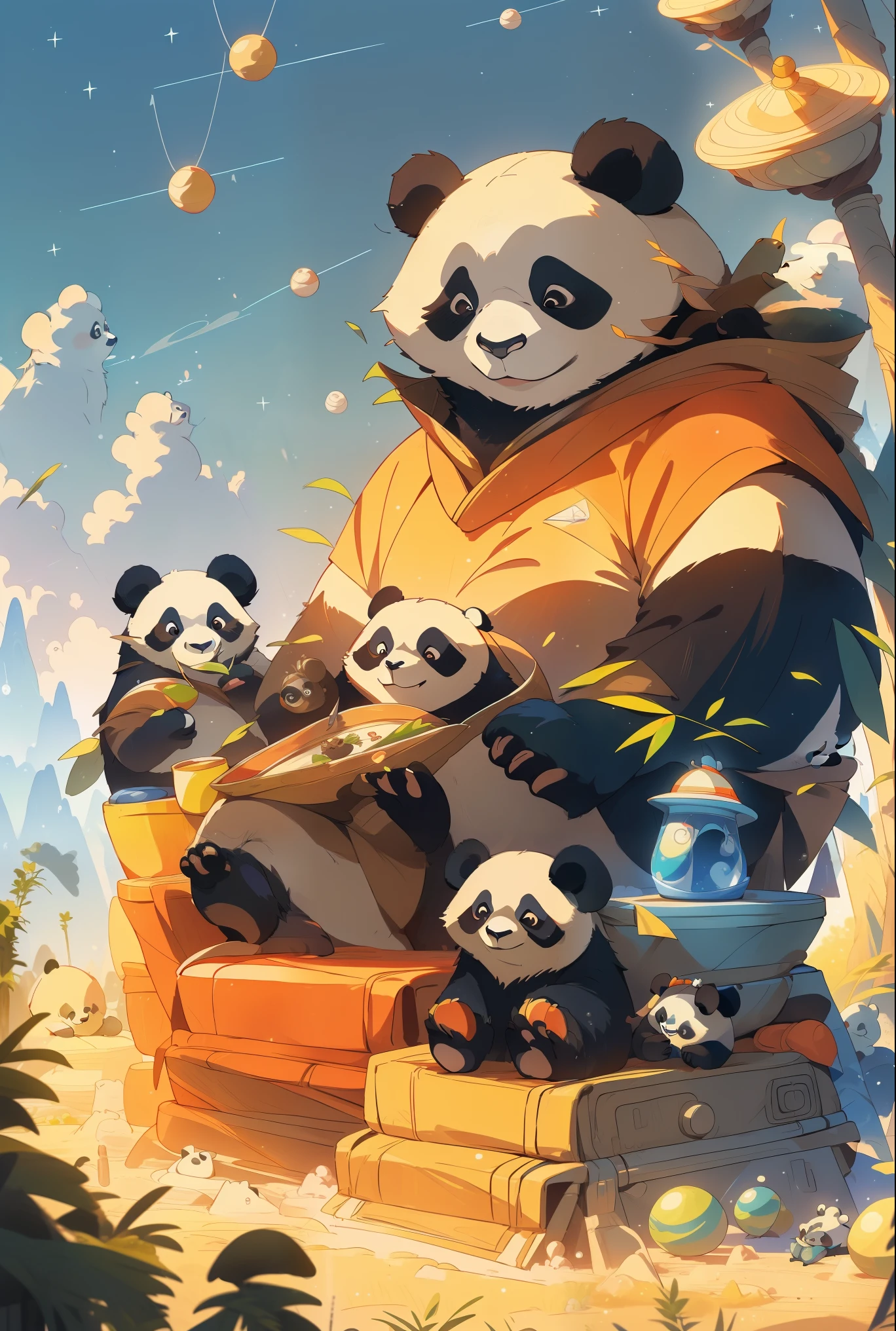 A majestic panda family standing on a mysterious planet, embodying the technological splendor of the Star Trek universe, Dune, Star Wars, The panda bears are portrayed with a sense of power and mystery, surrounded by an aura of imperial forces and technology. The scene is depicted with elements of empire and grandiose. The image quality is (best quality,4k,8k,highres,masterpiece:1.2), ultra-detailed, (realistic,photorealistic,photo-realistic:1.37), with HDR, UHD, and vivid colors. The artwork is created in an illustrative style, capturing the essence of mankind's greatest visions of a utopian future