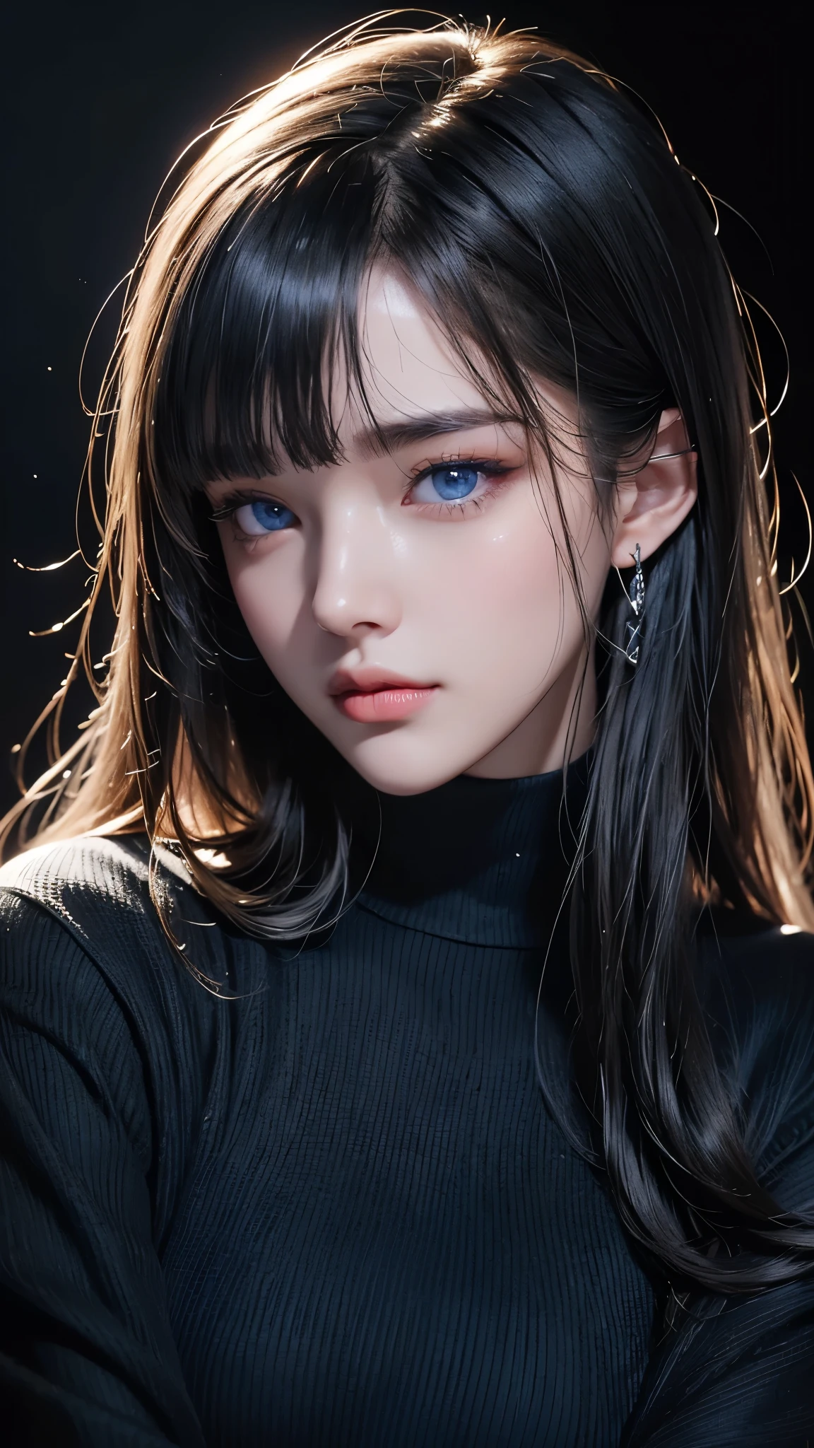 masterpiece, highest quality, Super detailed, Facing the camera, 複雑に詳細なSuper detailed, Realistic, Sharp features, Very detailed, Sharp focus, Perfect Face, Perfect Face, Perfect symmetrical perfect eyes, Perfect Plump Lips, Flexible female form, Cinematic, Film Light, Super detailed, hyper Realistic, masterpiece, Atmospheric, High resolution, Vibrant, Dynamic Studio Lighting, ((Dark Background)), The expression when enduring pleasure, Straight bangs, blue eyes,Black sweater, Cowboy Shot,turtleneck、first round、Sexually aroused expression