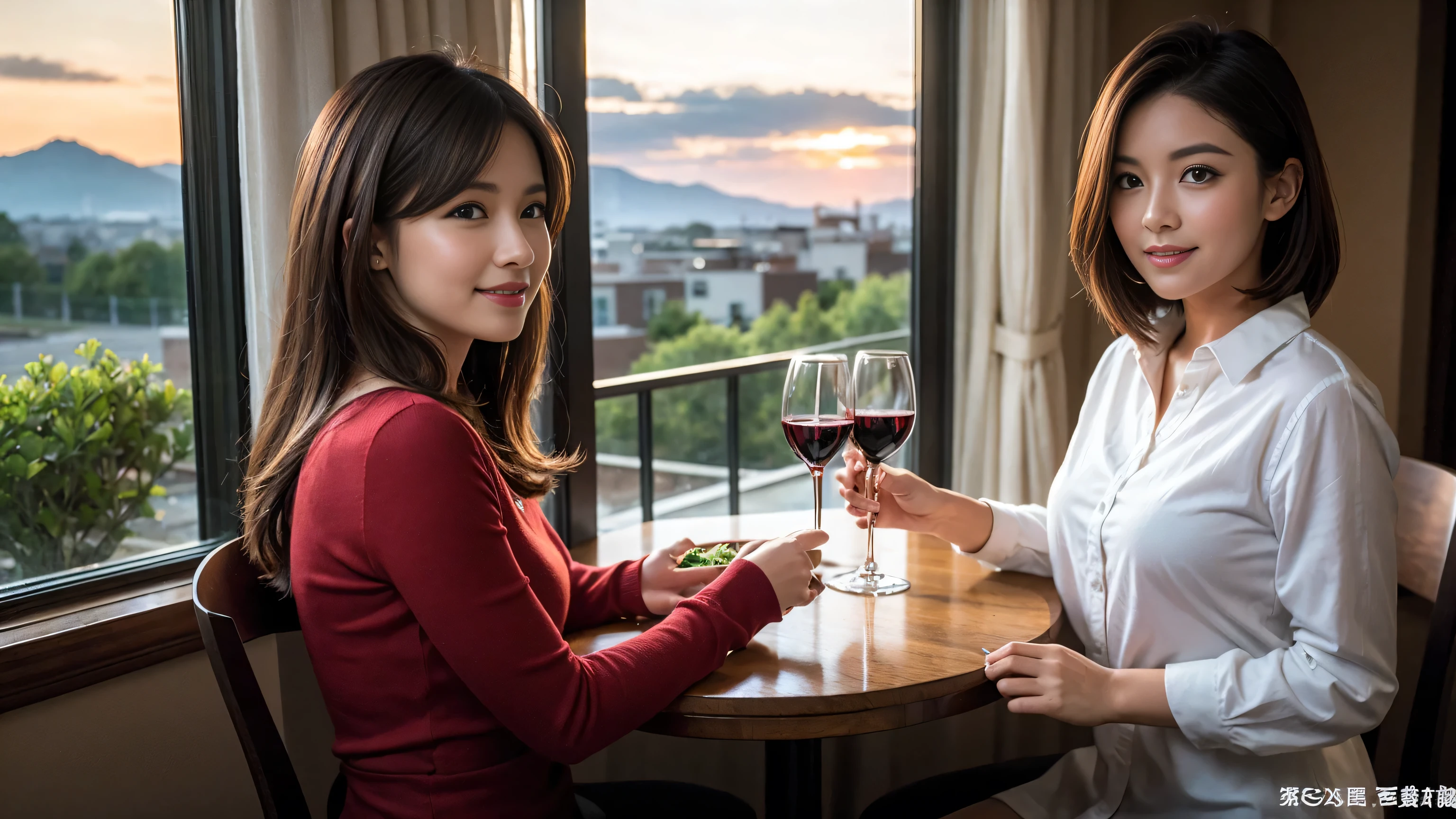 （Realistic:1.1）,(masterpiece,Highest quality)，8k,(56 years old), 53 years old, ベリーslimボディ、slimカップル、Tight waist,Upper Body,full-course dinner、wine 、Amazing view of the sunset sky and clouds、Perfect Anatomy, Brown Hair, short hair,Random Hairstyles,((Highly detailed face and eyes:1.2))，Perfect golden ratio face，Long sleeve shirt、dress,(smile:1.2)、Shortcuts、cute、(Realistic, Intricate details:1.2), A bright smile、short hair,Bright Face、赤wine 、Appetizers、Italian food、wine bottle、Champagne、スパークリングwine、(slimな顔), (The body is slim), (Brown Hair), (Shortcuts),  Upper Body, 白wine, slim, wineグラス, 