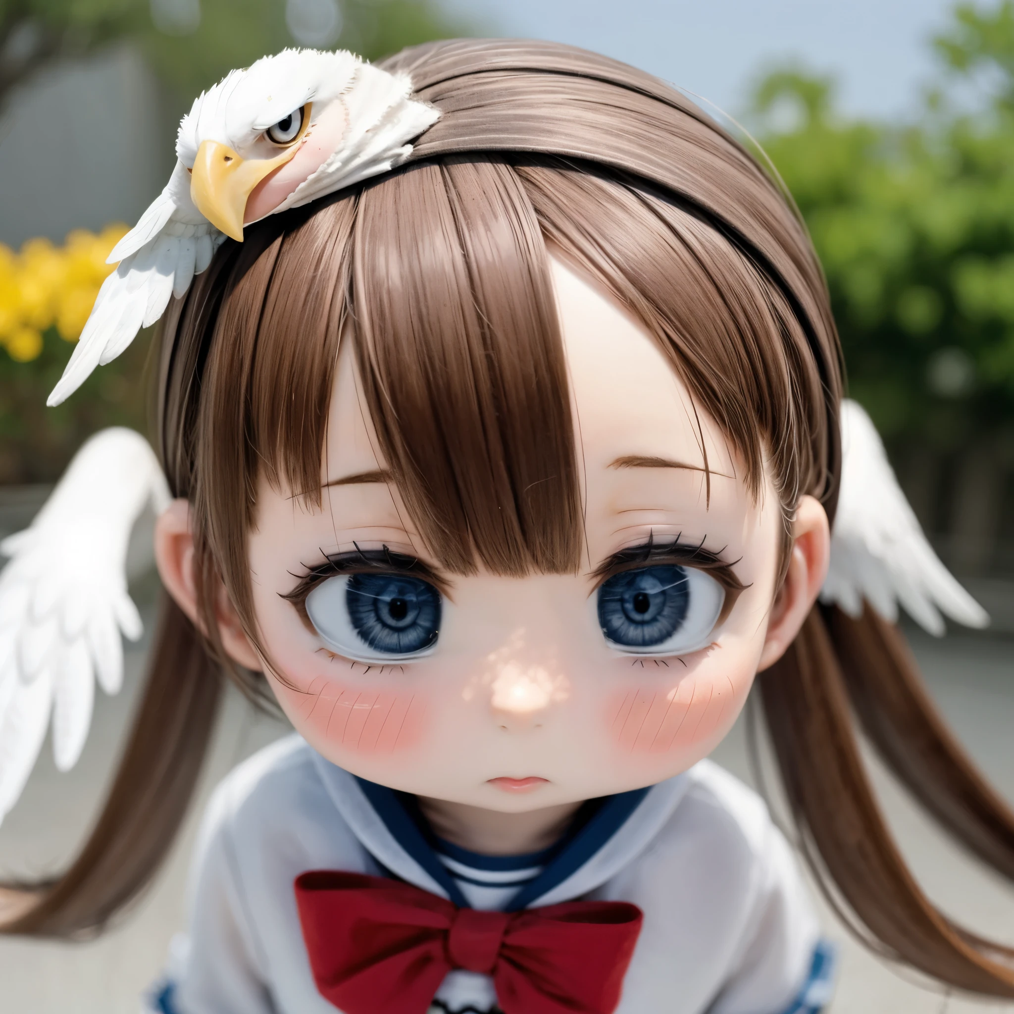 Photorealistic、Chibi Girl Doll（A  flying through the sky on the back of an eagle）