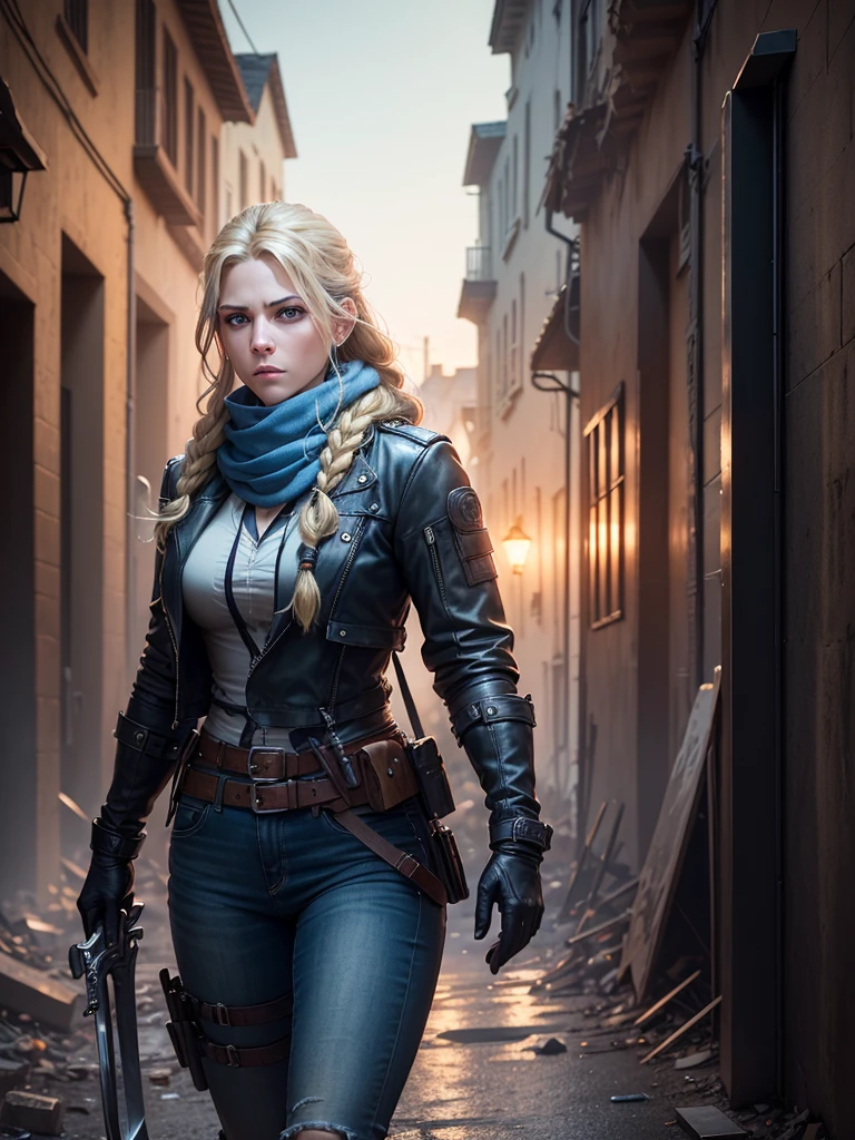 Dramatic Lighting, Deep Shadows, Ruined streets, rubble, Fire, smokes, People flee, Katheryn Winnick, Blonde braids fluttering in the wind, Light blue eyes, A firm frown, Wearing a worn blue Goretex jacket, scarf, jeans, Gloves, Gear belt with holster and scabbard, Against the wall, Looked around