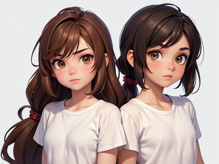 Two characters in a scene boy and girl (absolutely identical twins brother and sister), The first character is a handsome effeminate boy with semi-long brown hair tied in a ponytail., White T-shirt, Brown eyes, and the second character is a girl with aesthetic small breasts with very tousled shaggy semi-long brown hair, hair between the eyes, Brown eyes, beautiful face, noticeably muscular athlete,dressed in a white silk translucent T-shirt over a naked body, talk to each other, different emotions, free pose, free interaction with each other, White background, стиль мультфильма Disney Pixar