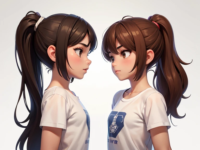 Two characters in a scene boy and girl (absolutely identical twins brother and sister), The first character is a handsome effeminate boy with semi-long brown hair tied in a ponytail., White T-shirt, Brown eyes, and the second character is a girl with aesthetic small breasts with very tousled shaggy semi-long brown hair, hair between the eyes, Brown eyes, beautiful face, noticeably muscular athlete,dressed in a white silk translucent T-shirt over a naked body, talk to each other, different emotions, free pose, free interaction with each other, White background, стиль мультфильма Disney Pixar