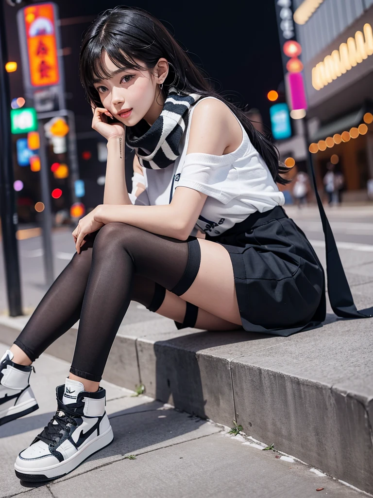 Beautiful Japanese waifu, early 30s, brunette hair, white cropped top, jeans mini skirt, sneakers