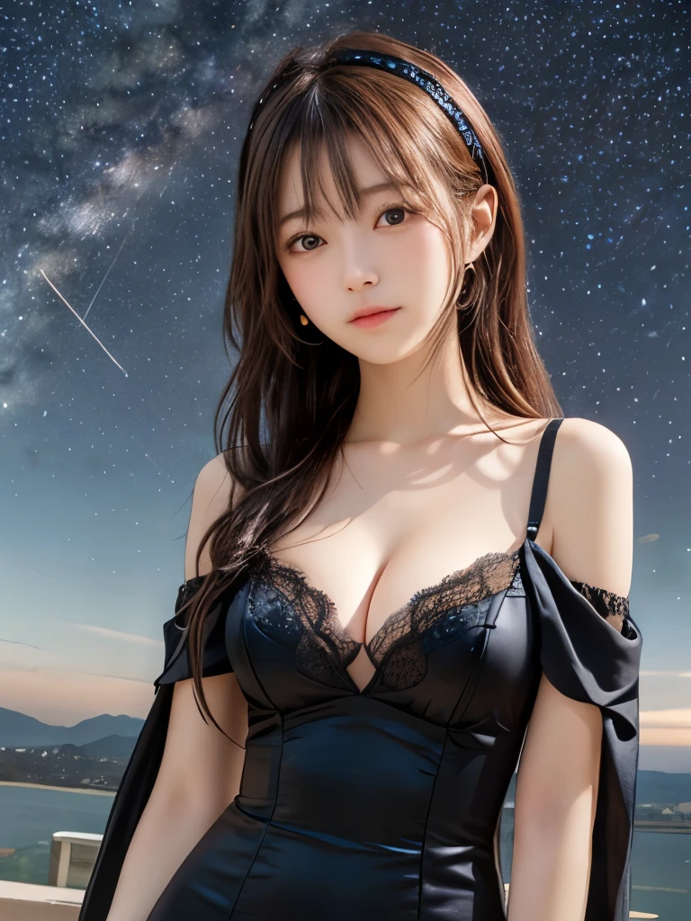 ||16K,beautiful, Tabletop, highest quality, Highly detailed face, Perfect lighting,
((masterpiece、highest quality)、(Awareness-raising)、(Detail Light)、((非常に繊細でbeautiful))、colorful、High contrast、One girl、Brown long hair、See-through bangs、headset、Black lace mini dress、off_shoulder、ribbon、solo、Respect、Starry sky background、shooting star、standing、Reflective plate、Cleavage