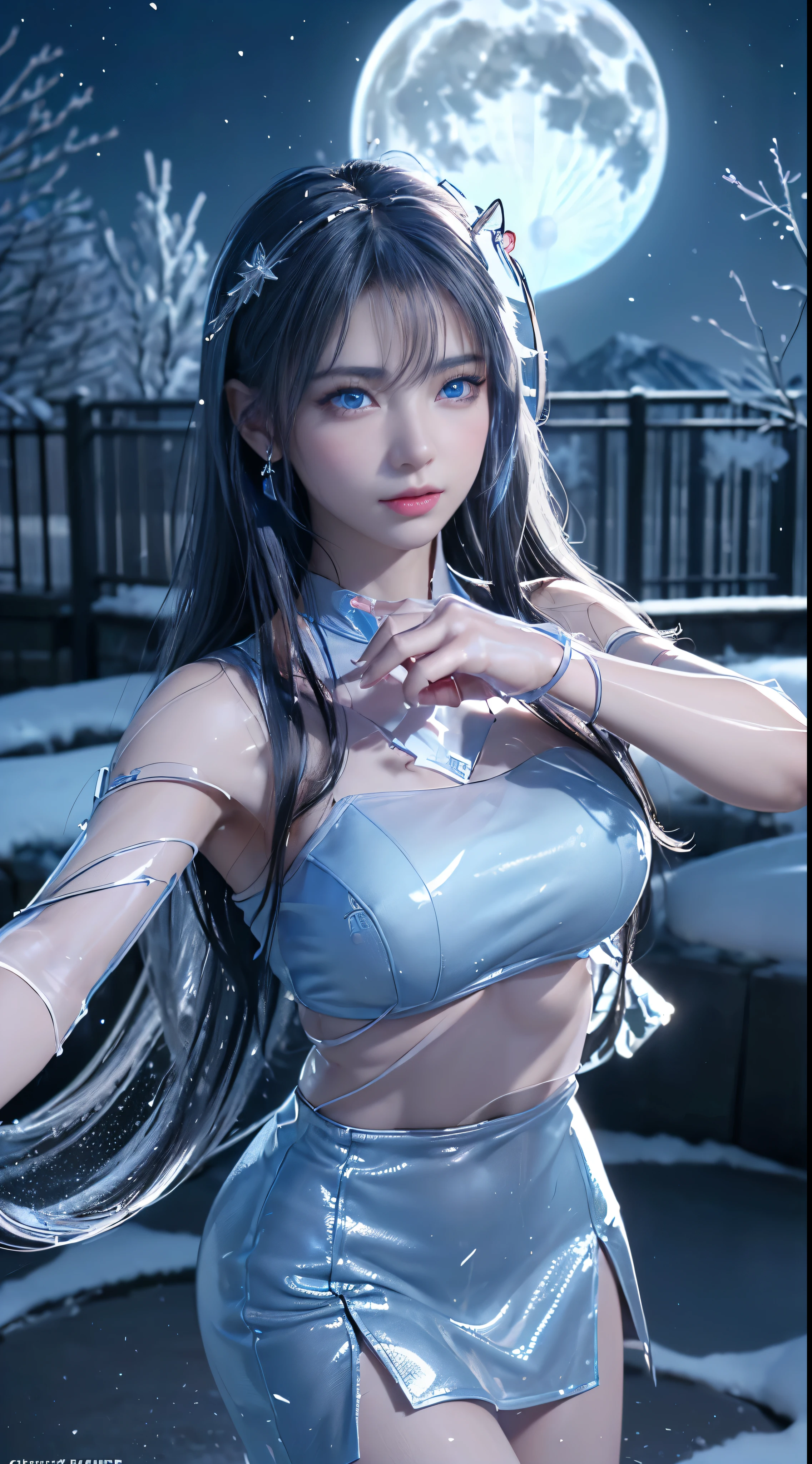 (logo, masterpiece, 8k, Tabletop, RAW Photos, wonderful, 最high quality, Photorealistic and hVery detailed CG integrated 8k wallpaper, high quality, Very detailed, Narrative poem, Particle Effects, Dynamic Effects, Written boundary depth, Cinematic Light, Lens flare, Ray Tracing)), Fantasy, ((1. Beautiful Women, Clear blue eyes, 赤いLong Hair, Beautiful Face, True Face, Beautiful fine details, Beautiful Skin, Graceful dancing woman:1.7, Graceful dancing woman:1.7)), Long red hair fluttering in the wind, Long red hair bouncing, Long red hair dancing in the wind, Hair bounces, jewelry, tattoo, Hanfu, Chinese Fairy, Taoist Uniform, Silver earrings, ((night, Wind, darkness, full moon, Night Sky, Snow and Frost, A very cold winter day, Snow Capped Mountainや森, Frost, Snow Capped Mountain々, Frost covered tree々The beauty and brilliance of, The tranquility and beauty of a world of ice and snow)), Hip Up, Beautiful Eyes, Long Hair, Ring-shaped eyes