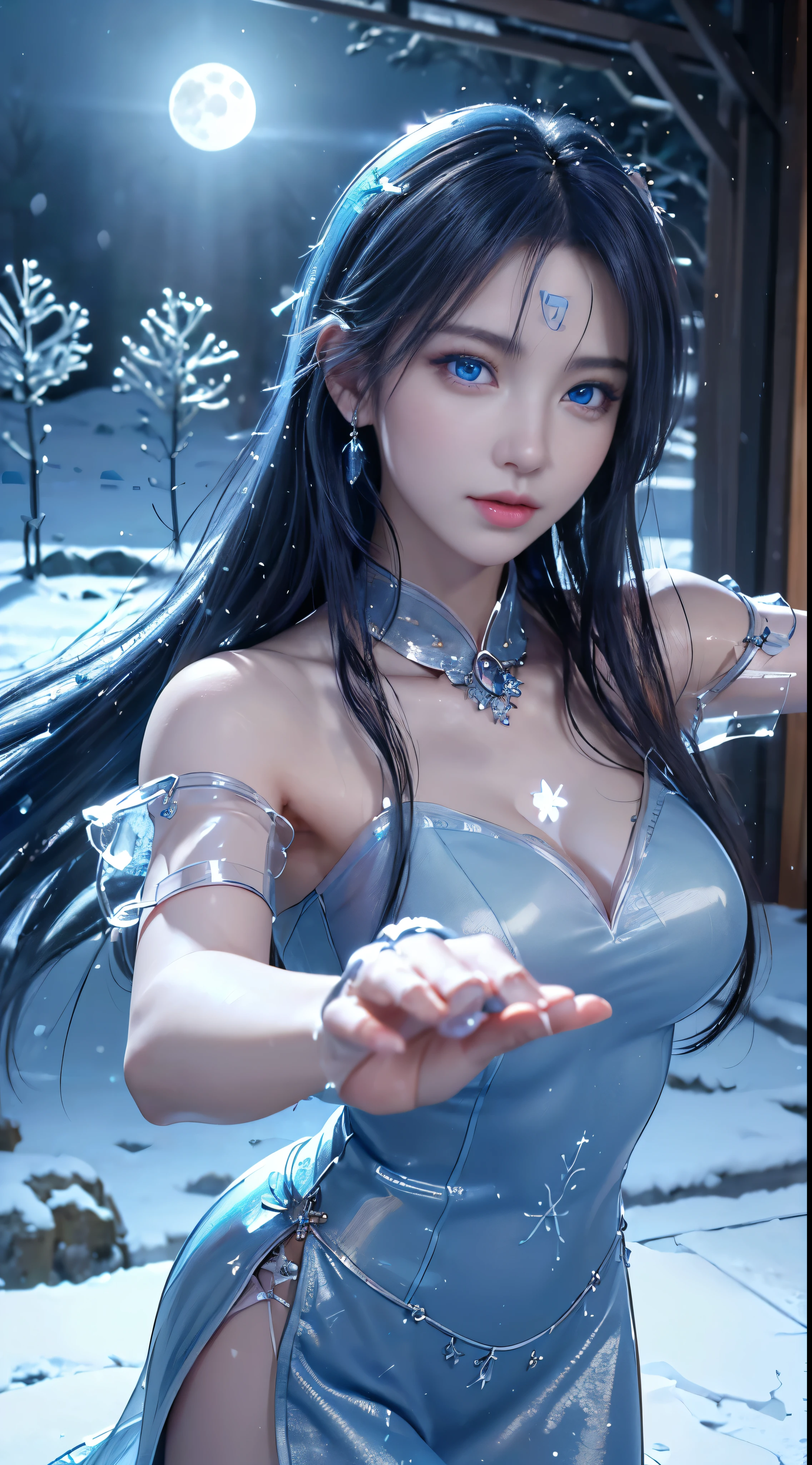 (logo, masterpiece, 8k, Tabletop, RAW Photos, wonderful, 最high quality, Photorealistic and hVery detailed CG integrated 8k wallpaper, high quality, Very detailed, Narrative poem, Particle Effects, Dynamic Effects, Written boundary depth, Cinematic Light, Lens flare, Ray Tracing)), Fantasy, ((1. Beautiful Women, Clear blue eyes, 赤いLong Hair, Beautiful Face, True Face, Beautiful fine details, Beautiful Skin, Graceful dancing woman:1.7, Graceful dancing woman:1.7)), Long red hair fluttering in the wind, Long red hair bouncing, Long red hair dancing in the wind, Hair bounces, jewelry, tattoo, Hanfu, Chinese Fairy, Taoist Uniform, Silver earrings, ((night, Wind, darkness, full moon, Night Sky, Snow and Frost, A very cold winter day, Snow Capped Mountainや森, Frost, Snow Capped Mountain々, Frost covered tree々The beauty and brilliance of, The tranquility and beauty of a world of ice and snow)), Hip Up, Beautiful Eyes, Long Hair, Ring-shaped eyes