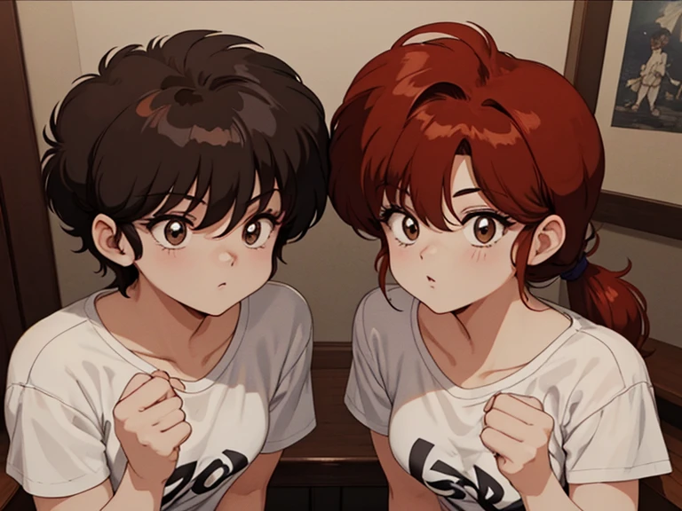 Two characters in a scene boy and girl (absolutely identical twins brother and sister), The first character is a handsome effeminate boy with semi-long brown hair tied in a ponytail., White T-shirt, Brown eyes, and the second character is a girl with aesthetic small breasts with very tousled shaggy semi-long brown hair, hair between the eyes, Brown eyes, beautiful face, noticeably muscular athlete,dressed in a white silk translucent T-shirt over a naked body, talk to each other, different emotions, free pose, free interaction with each other, White background, стиль мультфильма Disney Pixar