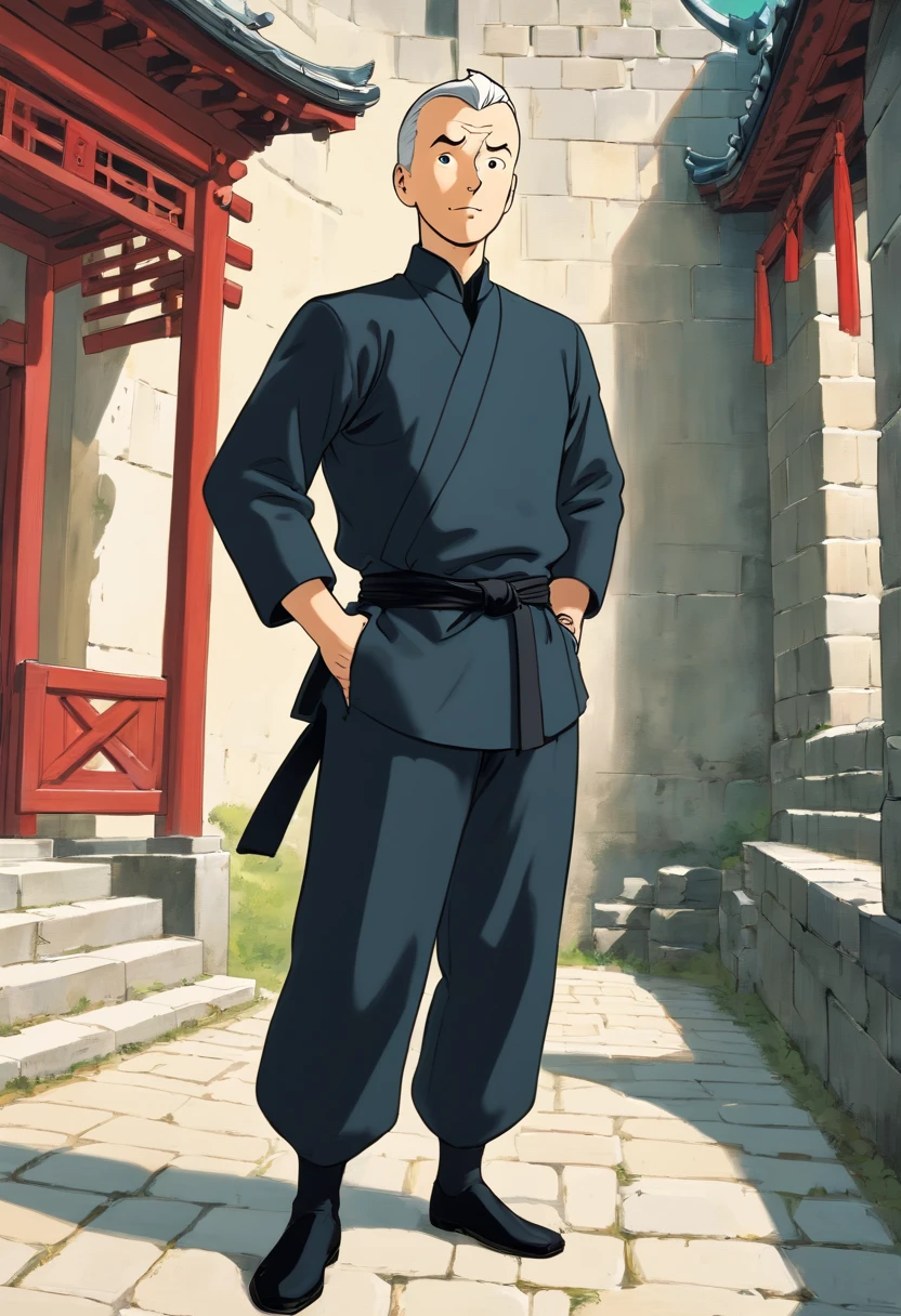 Tintin, 50 years old male wearing black ninja suits , slick and neat short gray hair, hand on hips pose, in a tradisional Japanese Castle, european comics
