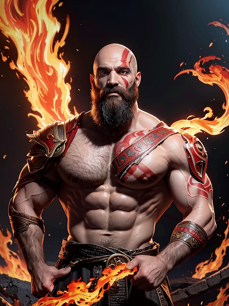 masterpiece, best quality, Super detailed,La best quality,high resolution,(1 person)God of War with crossed arms,momentum,Kuro Armor,Muscular,Long black beard,He was surrounded by black flames.,Fire particles floating in the air,Pale red burning eyes,Fire Scar,Bald without hair,Provocative and angry gestures,Looking at the audience,halo,vitality