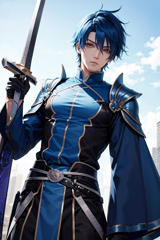 blue haired man Anime Beauty Seinen Has a big sword No skin showing Cool clothes Fantasy Gothic