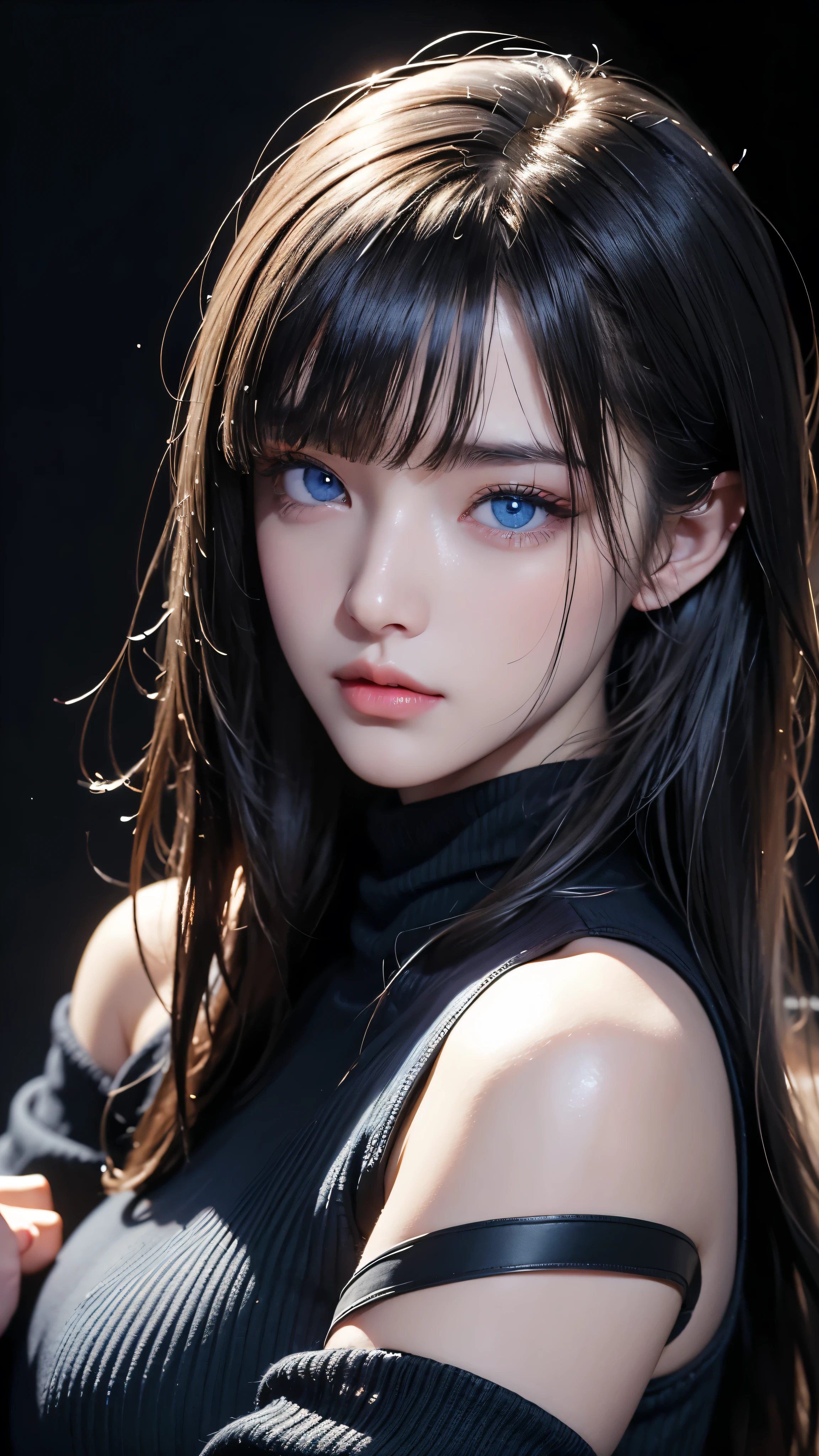 masterpiece, highest quality, Super detailed, Facing the camera, Super detailed, Realistic, Sharp features, Very detailed, Sharp focus, Perfect Face, Perfect Face, Perfect symmetrical perfect eyes, Perfect Plump Lips, Flexible female form, Cinematic, Film Light, Super detailed, hyper Realistic, masterpiece, Atmospheric, High resolution, Vibrant, Dynamic Studio Lighting, ((Dark Background)), The expression when enduring pleasure, Straight bangs, blue eyes,Black sweater, Cowboy Shot,turtleneck、first round、Sexually aroused expression