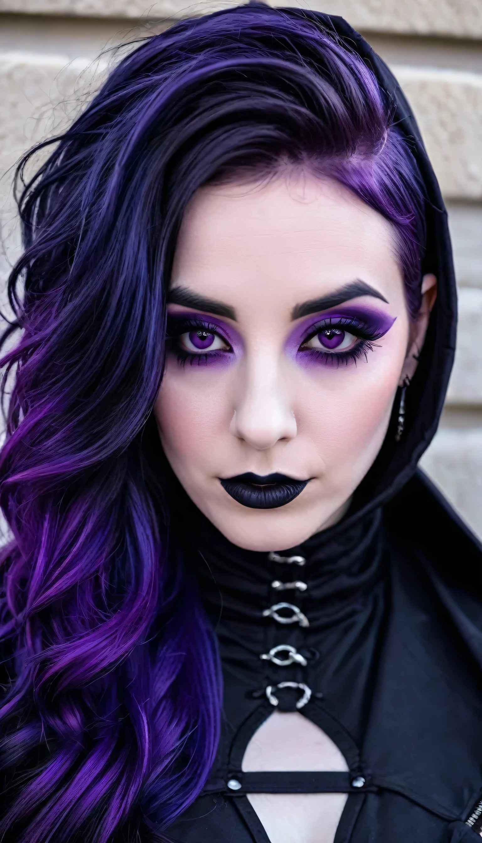 a close up of a woman with purple hair and a black hood, black to purple fade hair color, 30 - year - old goth girl, black and purple hair, dark purple hair and cybernetics, wearing goth makeup, goth girl, dark goth queen, violet and black, gothic horror vibes, raven hair, gradient black to purple, goth vibe, goth aesthetic