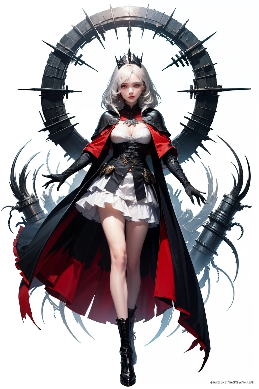 mpts
Copy
(((masutepiece, of the highest quality, super detailed))), hand drawn style, hand painted style, watercolour, sketch, a knight, white background, plain background, Bloodborne inspired, tatty Bloodborne attire, occult aesthetic, occult, tatty red and white clothing detailed and intricate steampunk and detailed gothic lolita (with a hood), diadems, long coat, very thin long legs, Complex mechanical boots above the knee, Fluttering lace flared long knbee length dress with frilly petticoats, beautiful small breasts, (((( Highly detailed face))), small thin nose, Small thin lips mouth, (((Very sharp focused eyes))), Very large slit precision pale grey eyes that shine like jewels. very long eyelashes, Silver hair swaying in the wind, Emitting a dazzling light in a mandala pattern, white background, Very dramatic and cinematic lighting, tatty damaged old red and white clothing, full body, whole body, body, cosmic horror, grim dark