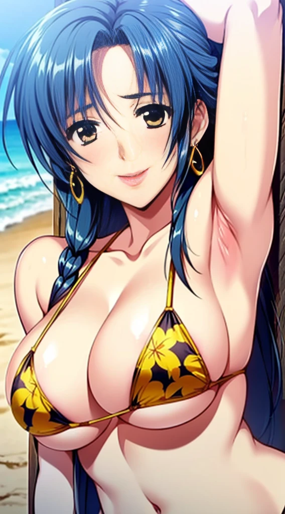 Shirakawa Kosuzu (Lamentation and,Doukoku Soshite), masterpiece, best quality, a beautiful sexy mature woman in a micro bikini arms up posing against a beach background, 1girl, swimsuit, tropical printed bikini, solo, breasts, cleavage, under-boobs, armpit, jewelry, earrings, navel, large breasts, smile,