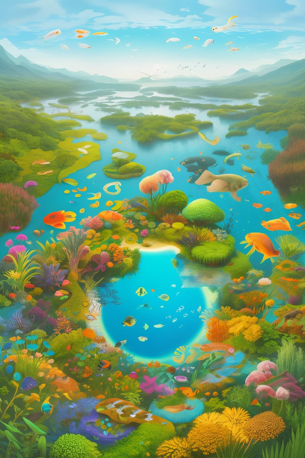 Title: Eclectic Ecosystems in Isometric Symphony – A 2000x3000 Pixel 3x2 Image
Description:
Embark on a visually stunning journey through a harmonious blend of diverse ecosystems, meticulously crafted in the style of isometric art. This captivating image, measuring 2000x3000 pixels, presents a panoramic view of multiple ecosystems, with all artwork seamlessly emerging from the edges, leaving the center of the image untouched.
Embrace the soothing hues of tranquil waters (#286fb5), verdant forests (#72ccd