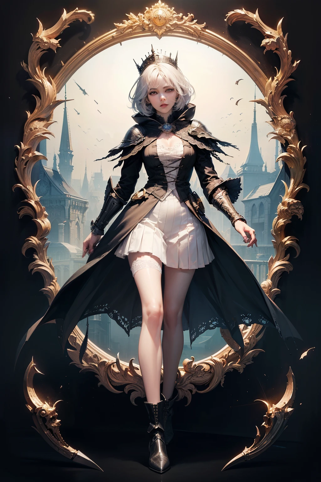 mpts
Copy
(((masutepiece, of the highest quality, super detailed))), hand drawn style, hand painted style, watercolour, sketch, a knight, white background, plain background, Bloodborne inspired, tatty Bloodborne attire, occult aesthetic, occult, tatty red and white clothing detailed and intricate steampunk and detailed gothic ta (with a hood), diadems, long coat, very thin long legs, Complex mechanical boots above the knee, Fluttering lace flared long knbee length dress with frilly petticoats, beautiful small breasts, (((( Highly detailed face))), small thin nose, Small thin lips mouth, (((Very sharp focused eyes))), Very large slit precision pale grey eyes that shine like jewels. very long eyelashes, Silver hair swaying in the wind, Emitting a dazzling light in a mandala pattern, white background, Very dramatic and cinematic lighting, tatty damaged old red and white clothing, full body, whole body, body, cosmic horror, grim dark