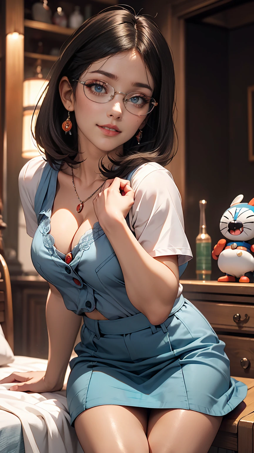 Shizuka-chan from Doraemon、mini skirt、Cleavage Emphasis、smile、sexy、The sexy atmosphere makes Nobita and Giant Suneo weak in the knees