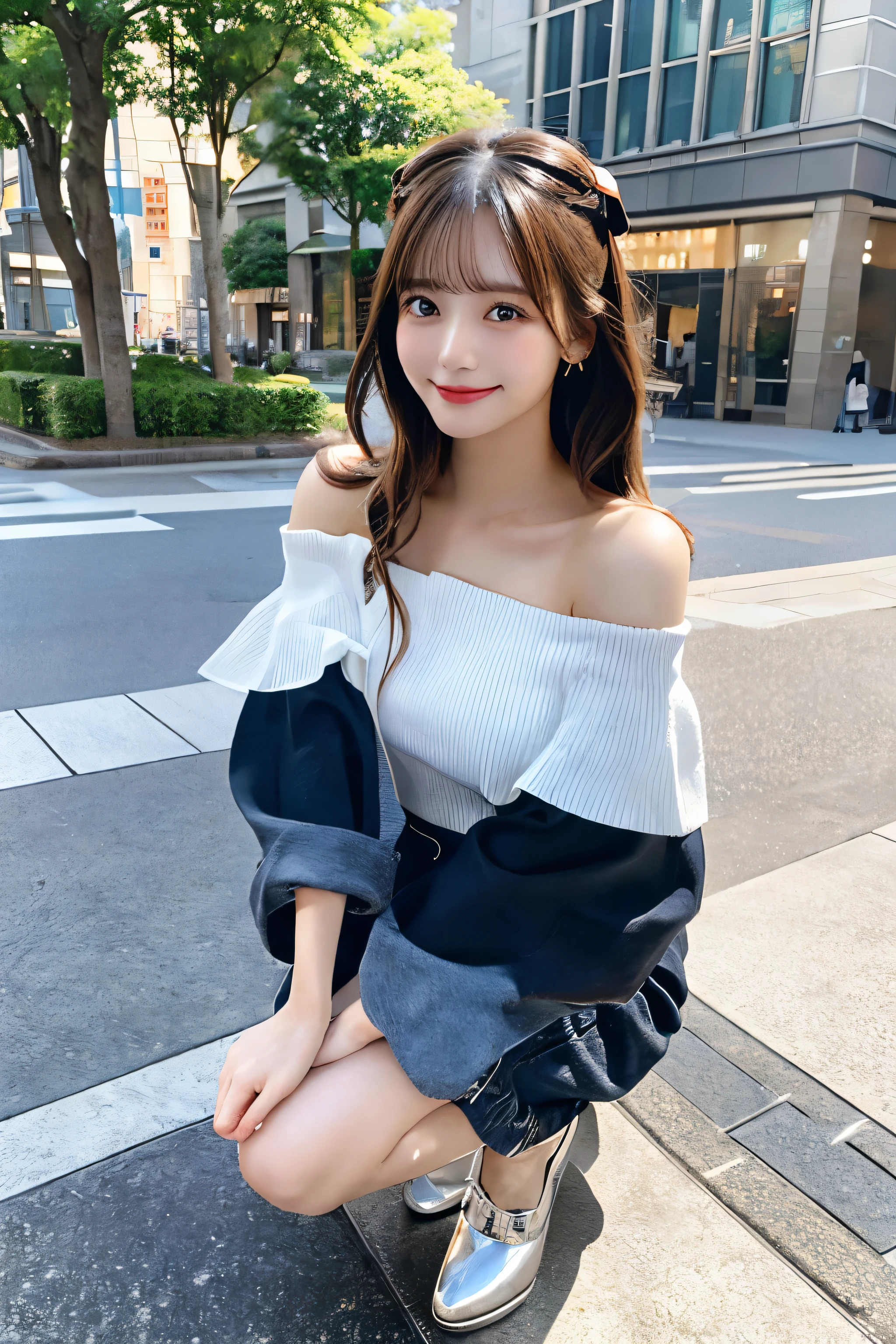 High resolution, highest quality, Perfect dynamic composition, Beautiful fine details, Off the shoulder、Shiny Hair、Medium Hair, Natural color lip, university student、Harajuku、smile、Crouching、M-shaped foot