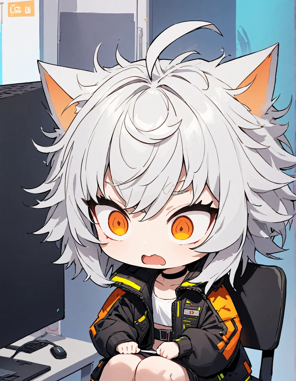 (solo cat girl:1.0),(silver hair:1.2),(shortcut hair:1.0),(Messy Hair:1.0)、orange eyes:1.1,(Ahoge:1.0)、choker,Deformed character、(masterpiece)、Cyberpunk jacket、turn around、computer、Sit on a chair、Confused eyes、O-mouth,