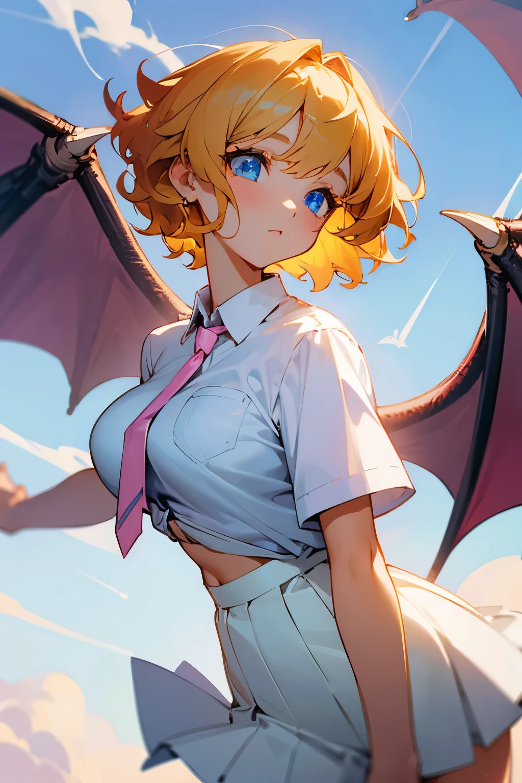 Girl, short curly yellow hair, blue eyes, white shirt with short skirt, bare sleeves, pink tie, dragon wings, big breasts