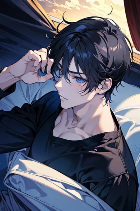 (masterpiece, 3D anime style, more detail, ultra detail), (1 man), black hair, blue eyes, tank top, bottom position, bright eyes, chiseled abs, chiseled pecs, bed, lying on the bed, hands up, blushing, sweating, panting, scared.