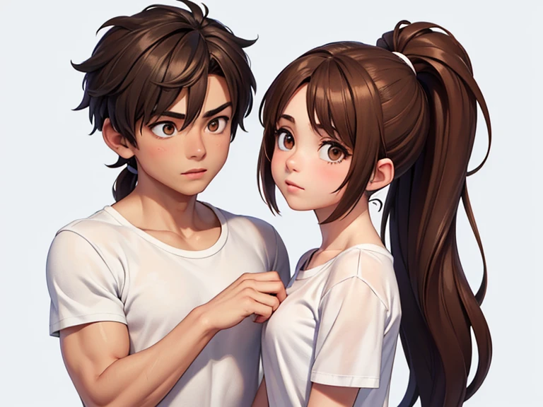 Two characters in a scene: Boy and girl. (absolutely identical twins brother and sister), The first character is a handsome, effeminate boy with semi-long brown hair., gathered in a ponytail.., White T-shirt, Brown eyes, and the second character is a girl with aesthetic small breasts and very tousled shaggy semi-long brown hair., hair between eyes, Brown eyes, Beautiful face, noticeably muscular athlete,dressed in a white silk translucent T-shirt over his naked body(erect nipples under fabric), talk to each other, different emotions, free pose, free interaction with each other, touch each other's breasts, genuine sexual attraction to each other, forbidden love between brother and sister, random background, стиль мультфильма Disney Pixar