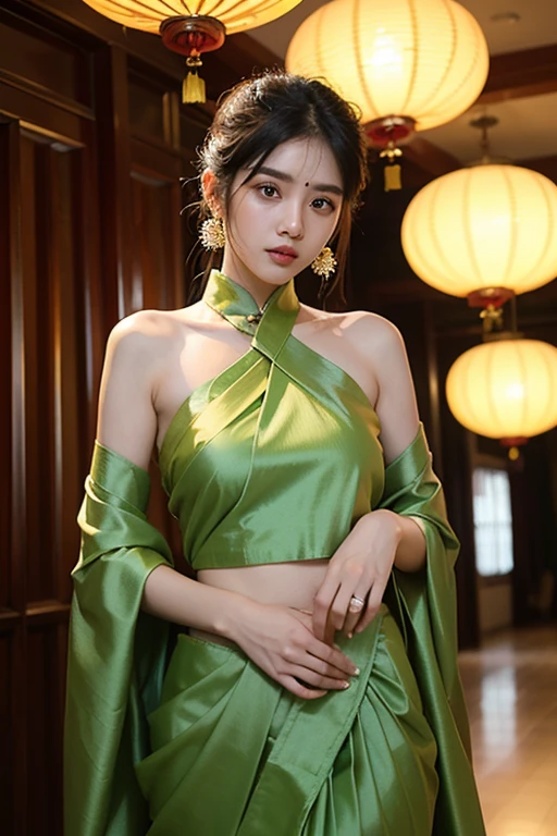 Imagine a stunning digital artwork featuring a woman adorned in an elegant dress accentuated with a vibrant green sash, reminiscent of the traditional attire of a Chinese empress. This gorgeous model exudes the timeless beauty and grace of Asian aesthetics, embodying the essence of a fantasy empress or Japanese goddess. The artwork is crafted in the exquisite style of renowned artists such as Guweiz and Fan Qi, renowned for their captivating portrayals of ethereal beauty and mesmerizing landscapes. With meticulous attention to detail, every brushstroke brings the scene to life, capturing the delicate features and intricate textures of the woman's attire and surroundings. As a beautiful digital masterpiece, this artwork seamlessly blends traditional elegance with modern flair, making it a trending sensation on CGStation and a captivating addition to any collection." Big breast, big hips, sexy