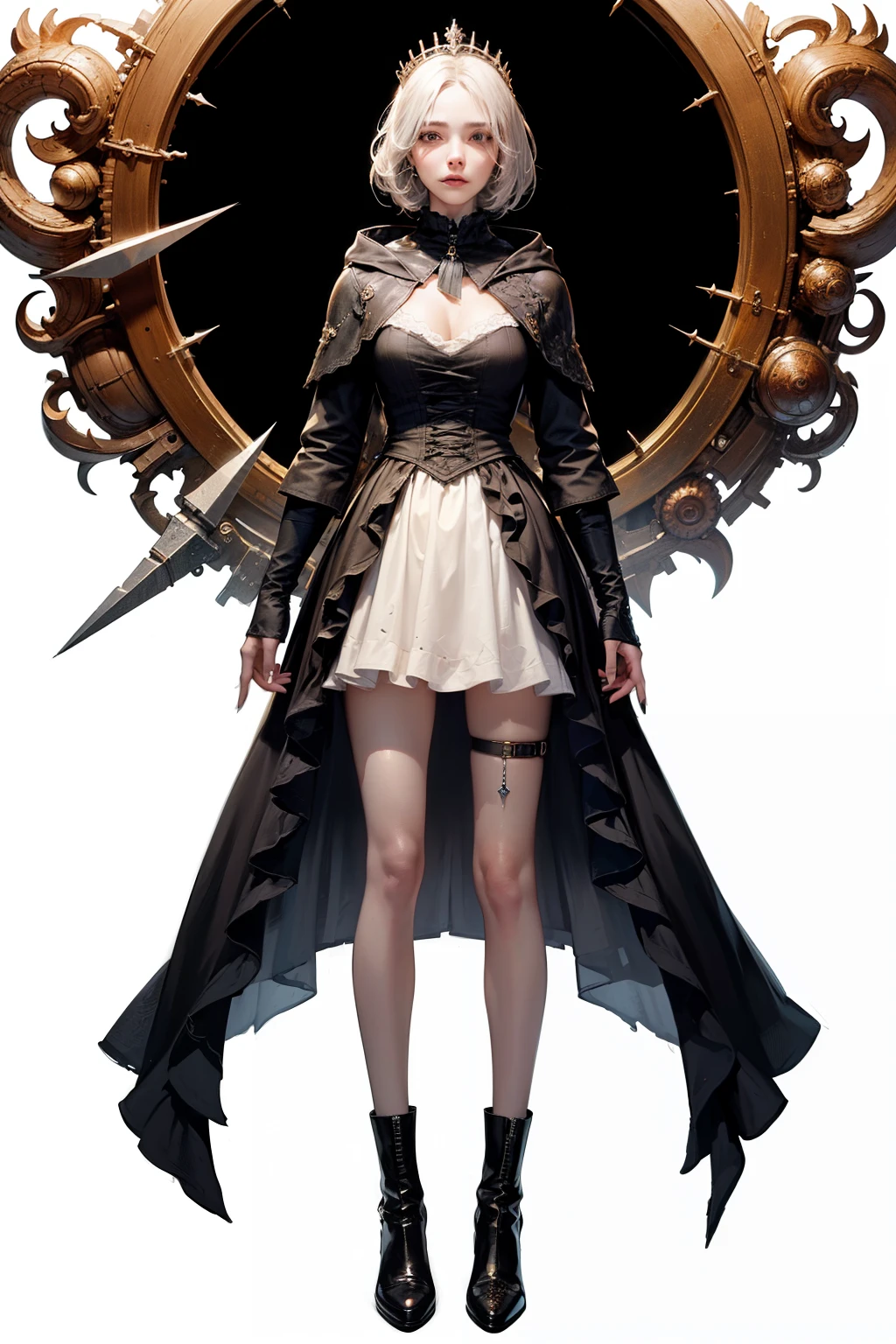 mpts
Copy
(((masutepiece, of the highest quality, super detailed))), hand drawn style, hand painted style, watercolour, sketch, a knight, white background, plain background, Bloodborne inspired, tatty Bloodborne attire, occult aesthetic, occult, tatty red and white clothing detailed and intricate steampunk and detailed gothic ta (with a hood), diadems, long coat, very thin long legs, Complex mechanical boots above the knee, Fluttering lace flared long knee length dress with frilly petticoats, beautiful small breasts, (((( Highly detailed face))), small thin nose, Small thin lips mouth, (((Very sharp focused eyes))), Very large slit precision pale grey eyes that shine like jewels. very long eyelashes, Silver hair swaying in the wind, Emitting a dazzling light in a mandala pattern, white background, Very dramatic and cinematic lighting, tatty damaged old red and white clothing, full body, whole body, body, cosmic horror, grim dark
