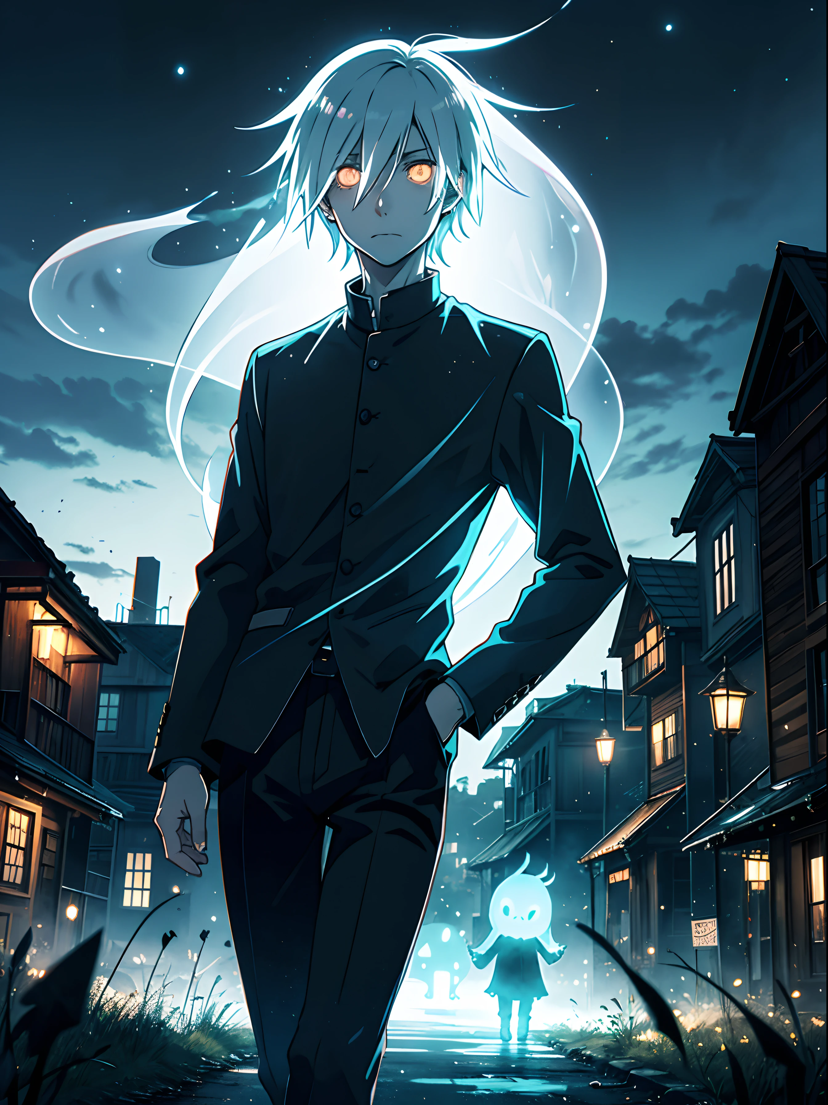 Gloomy style, Ghost Town, Fireflies fly, anime guy, Transparent, ghosts, Gloomy Entities