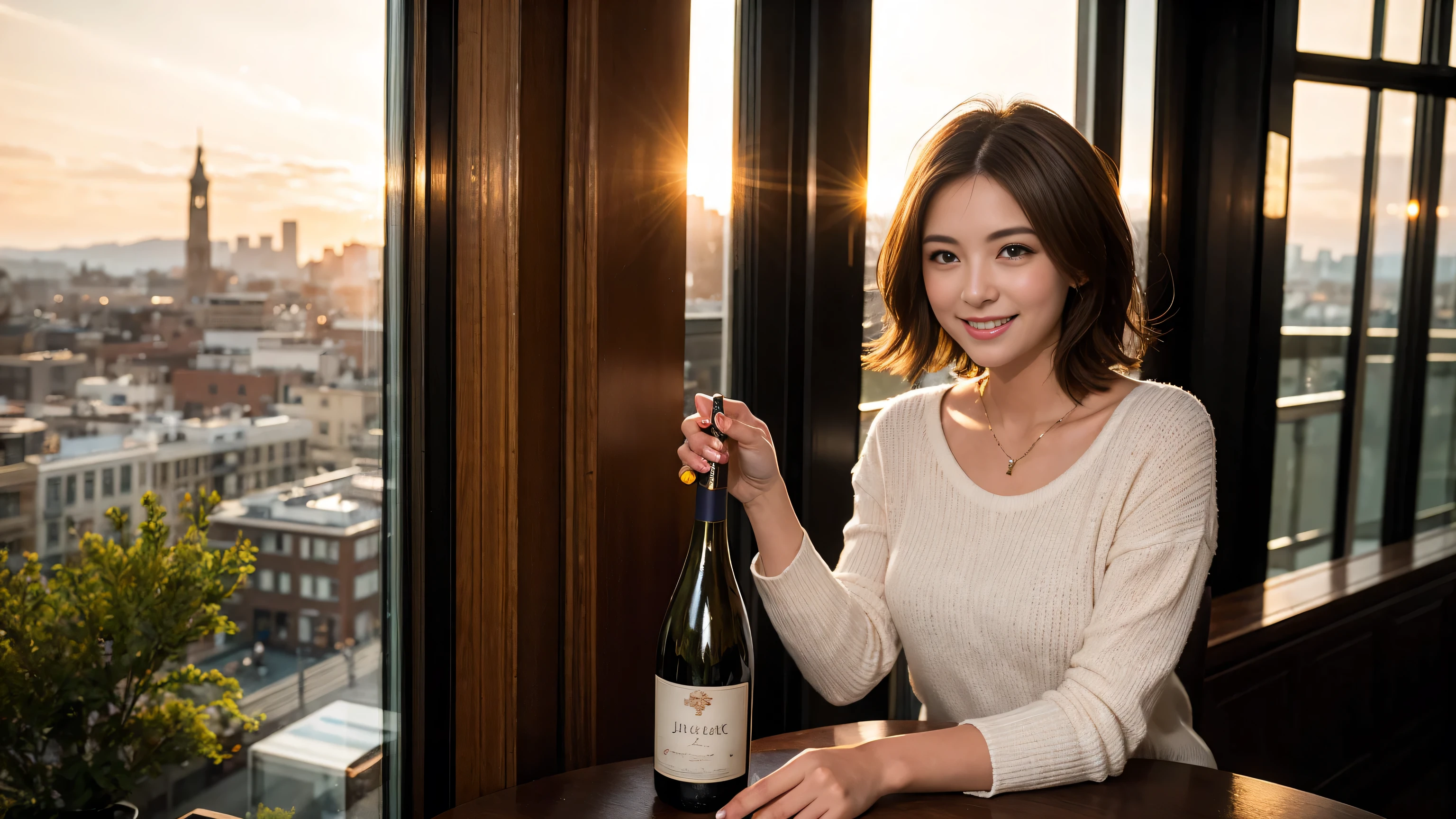 (highest quality、8k、masterpiece:1.3)、Beautiful woman with perfect figure:1.4、Dark brown hair、Wine Party、2 people、Knit dress、Highly detailed face and skin、Detailed eyes、double eyelid、Huge Mile、30th Generation、Sex Appeal、Wine glass on the table、Lighting the face、 Amazing view of the sunset sky and clouds、Amazing mountain views、A bright smile、A lovely woman with a smile、Bright image、The beauty of wine, Beautiful Face, blue eyes, Blushing, short hair,Bright Face、Fox face、 (36 years old), 39 years old, Lady、red wine 、Appetizers、Italian food、Wine bottle、Champagne、sparkling wine、Two beauties、Brown Hair、Shortcuts、Long sleeve shirt、dress、Pretty Woman 1, (Slim face), (The body is slim), (Brown Hair), (Shortcuts), cheeks turn a little red,Attractive beauty、, Out of the window, A beautiful and detailed night view unfolds.........., restaurant, In a prominent place (From the waist up) Nova Frog Style, actress, model, Upper Body, White wine, slim, wine glass, Wine glass placed in the center, smile, (smile: 1.15), Beautiful fine grain, Depth f/2,saturation, High Contrast, Strong light and shadow,Moist Body:1.5、3D texture、Delicate eyes、Brown Hair、The hair is very shiny、