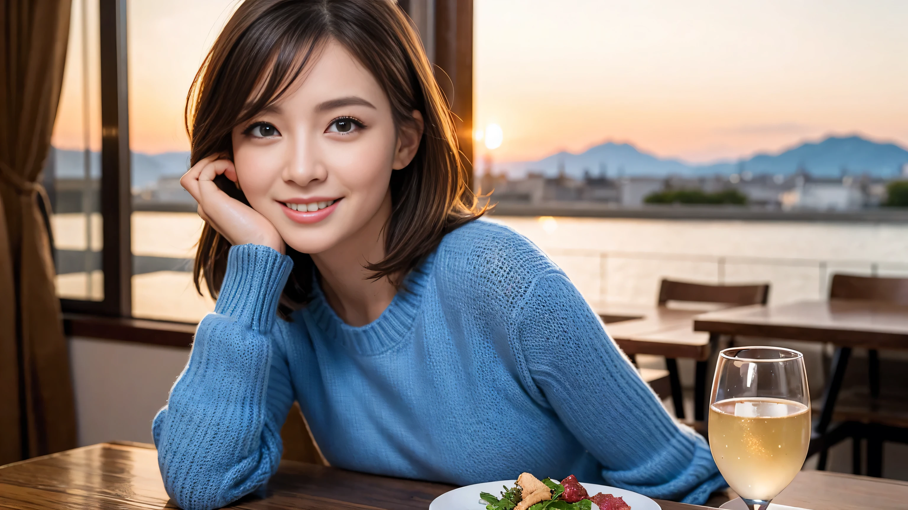 masterpiece、Japanese gravure idol、Red lantern、Yakitori restaurant、she is sitting across the table、A woman with short brown hair is drinking a cocktail across the table.、20-year-old、small hands、big breasts、beautiful feet、I can see the cleavage、There is a gap、Wearing a leather jacket and denim skirt、happy smile、I'm laughing out loud、I can see white teeth、delicate skin feel、shiny hair、8K