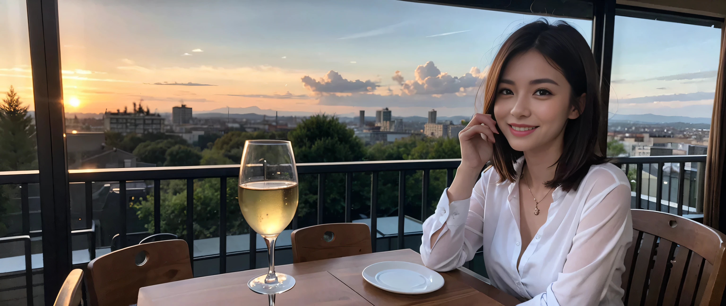 (highest quality、8k、masterpiece:1.3)、Beautiful woman with perfect figure:1.4、Dark brown hair、Wine Party、2 people、Knit dress、Highly detailed face and skin、Detailed eyes、double eyelid、Huge Mile、30th Generation、Sex Appeal、Wine glass on the table、Lighting the face、 Amazing view of the sunset sky and clouds、Amazing mountain views、A bright smile、A lovely woman with a smile、Bright image、The beauty of wine, Beautiful Face, blue eyes, Blushing, short hair,Bright Face、Fox face、 (Age 37), 39 years old, Lady、red wine 、Appetizers、Italian food、Wine bottle、Champagne、sparkling wine、Two beauties、Brown Hair、Shortcuts、Long sleeve shirt、dress、Pretty Woman 1, (Slim face), (The body is slim), (Brown Hair), (Shortcuts), cheeks turn a little red,Attractive beauty、, Out of the window, A beautiful and detailed night view unfolds.........., restaurant, In a prominent place (From the waist up) Nova Frog Style, actress, model, Upper Body, White wine, slim, wine glass, Wine glass placed in the center, smile, (smile: 1.15), Beautiful fine grain, Depth f/2,saturation, High Contrast, Strong light and shadow,Moist Body:1.5、3D texture、Delicate eyes、Brown Hair、The hair is very shiny、