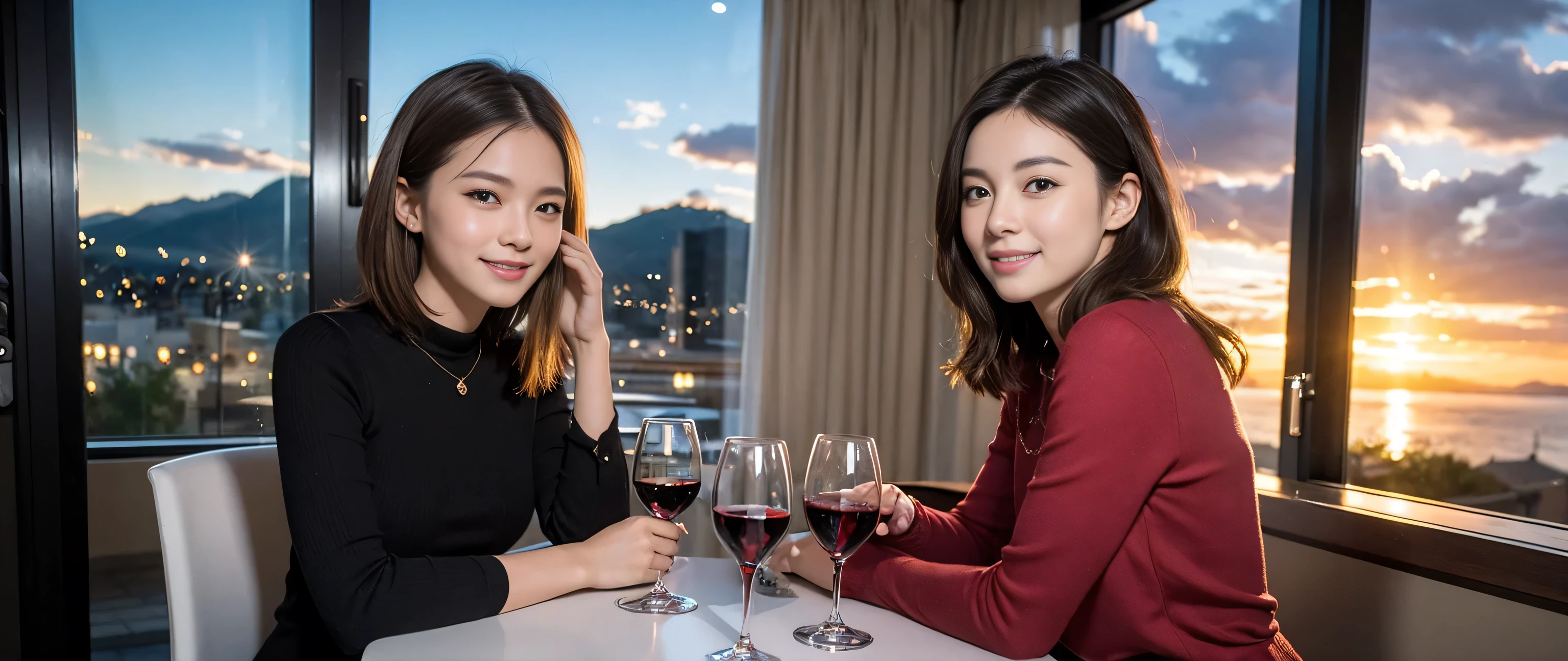 (highest quality、8k、masterpiece:1.3)、Beautiful woman with perfect figure:1.4、Dark brown hair、Wine Party、2 people、Knit dress、Highly detailed face and skin、Detailed eyes、double eyelid、Huge Mile、30th Generation、Sex Appeal、Wine glass on the table、Lighting the face、 Amazing view of the sunset sky and clouds、Amazing mountain views、A bright smile、A lovely woman with a smile、Bright image、The beauty of wine, Beautiful Face, blue eyes, Blushing, short hair,Bright Face、Fox face、 (Age 37), 39 years old, Lady、red wine 、Appetizers、Italian food、Wine bottle、Champagne、sparkling wine、Two beauties、Brown Hair、Shortcuts、Long sleeve shirt、dress、Pretty Woman 1, (Slim face), (The body is slim), (Brown Hair), (Shortcuts), cheeks turn a little red,Attractive beauty、, Out of the window, A beautiful and detailed night view unfolds.........., restaurant, In a prominent place (From the waist up) Nova Frog Style, actress, model, Upper Body, White wine, slim, wine glass, Wine glass placed in the center, smile, (smile: 1.15), Beautiful fine grain, Depth f/2,saturation, High Contrast, Strong light and shadow,Moist Body:1.5、3D texture、Delicate eyes、Brown Hair、The hair is very shiny、