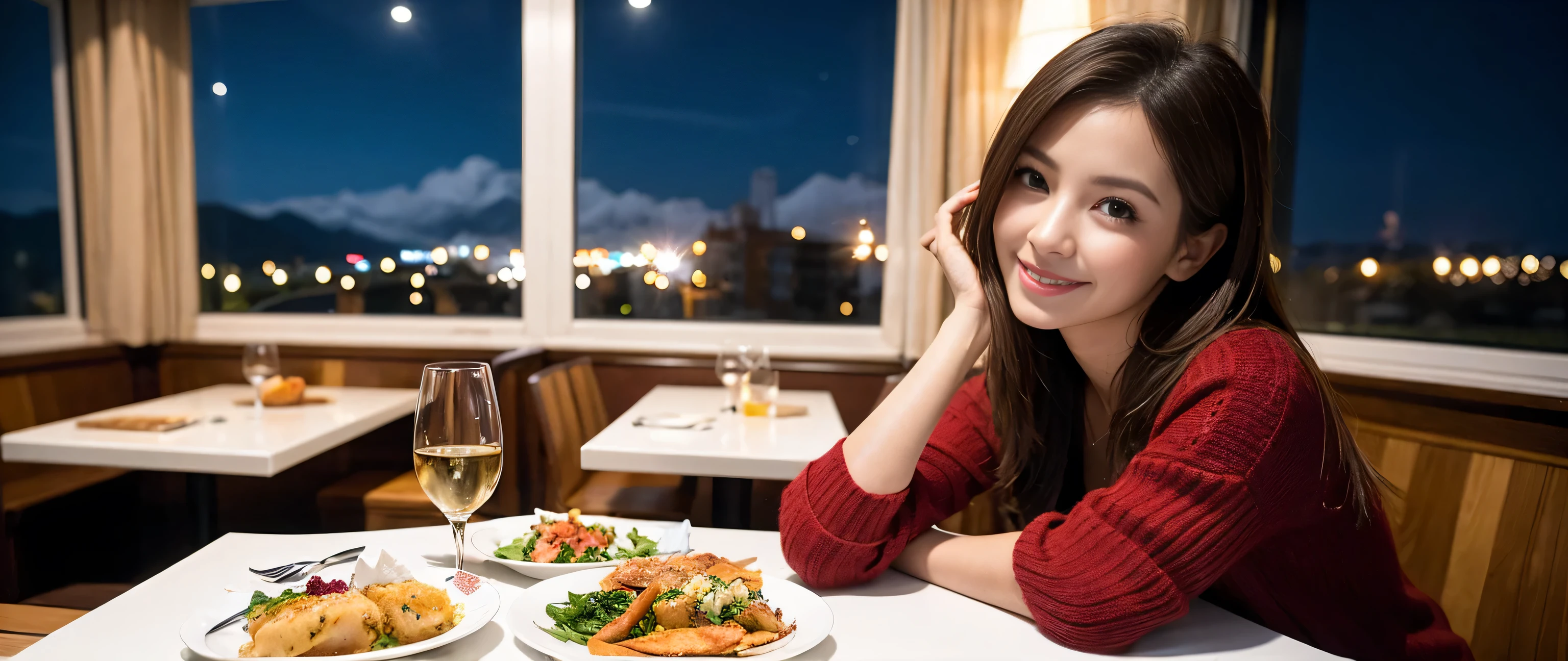 (highest quality、8k、masterpiece:1.3)、Beautiful woman with perfect figure:1.4、Dark brown hair、Wine Party、2 people、Knit dress、Highly detailed face and skin、Detailed eyes、double eyelid、Huge Mile、30th Generation、Sex Appeal、Wine glass on the table、Lighting the face、 Amazing view of the sunset sky and clouds、Amazing mountain views、A bright smile、A lovely woman with a smile、Bright image、The beauty of wine, Beautiful Face, blue eyes, Blushing, short hair,Bright Face、Fox face、 (Age 37), 39 years old, Lady、red wine 、Appetizers、Italian food、Wine bottle、Champagne、sparkling wine、Two beauties、Brown Hair、Shortcuts、Long sleeve shirt、dress、Pretty Woman 1, (Slim face), (The body is slim), (Brown Hair), (Shortcuts), cheeks turn a little red,Attractive beauty、, Out of the window, A beautiful and detailed night view unfolds.........., restaurant, In a prominent place (From the waist up) Nova Frog Style, actress, model, Upper Body, White wine, slim, wine glass, Wine glass placed in the center, smile, (smile: 1.15), Beautiful fine grain, Depth f/2,saturation, High Contrast, Strong light and shadow,Moist Body:1.5、3D texture、Delicate eyes、Brown Hair、The hair is very shiny、